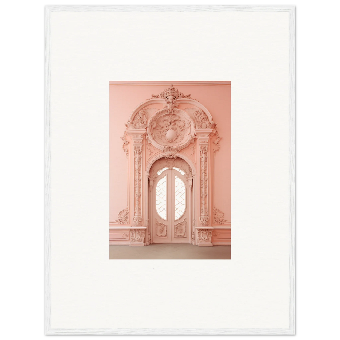 Ornate pink baroque doorway with glass doors featured in Ether Pendantia Portal art piece