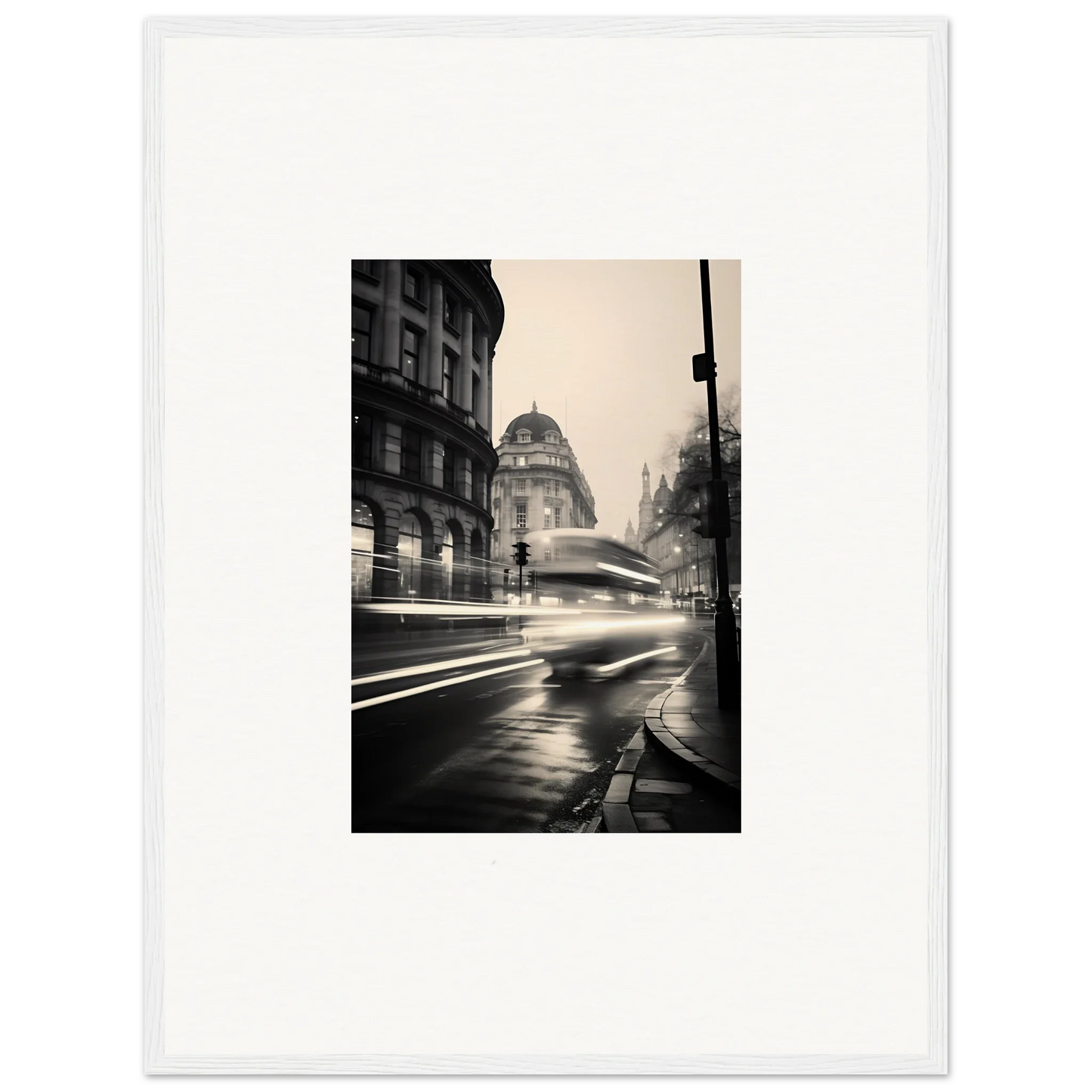 Black and white photo of rainy city street with blurred car lights, Ethereal Citypulse Reverie
