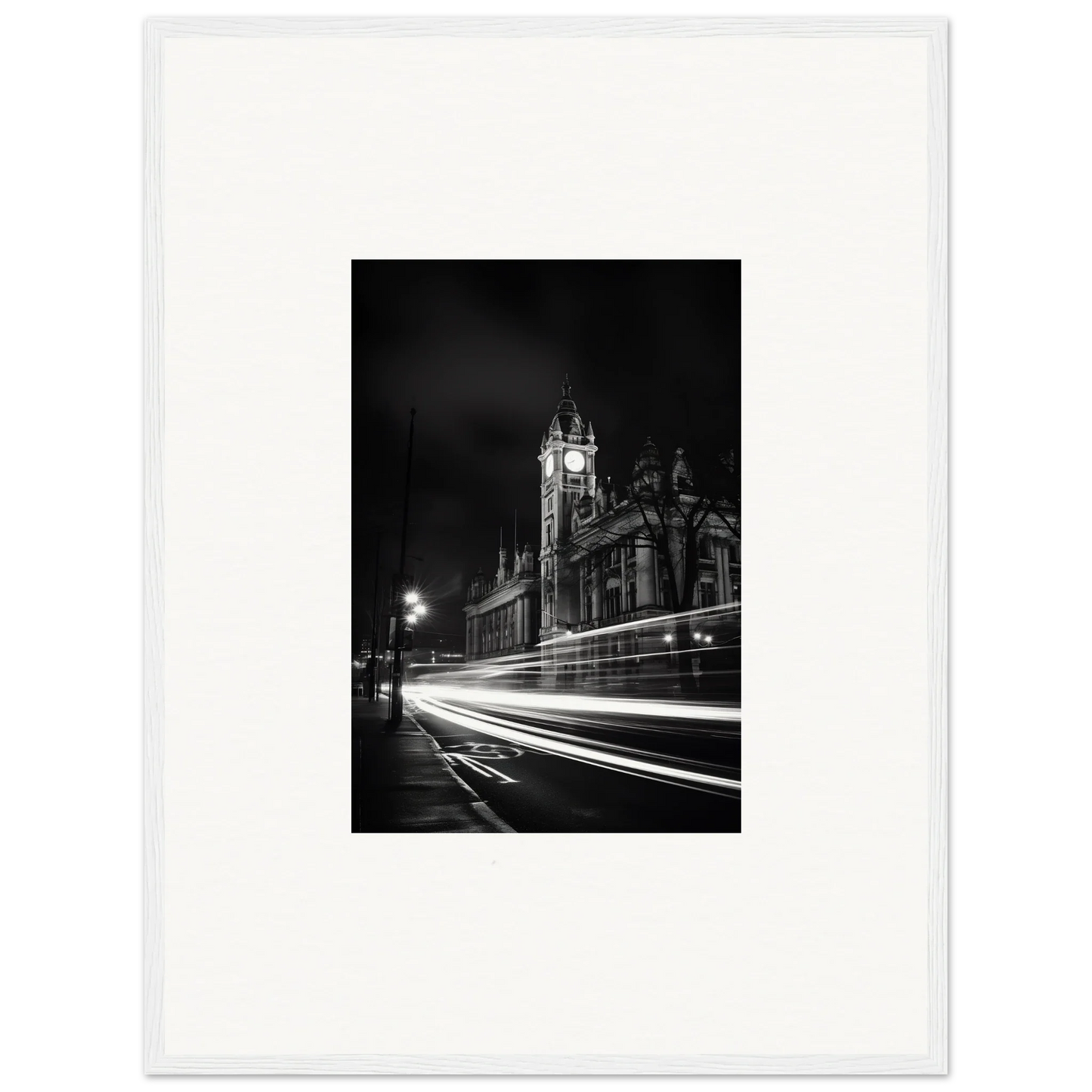Black and white Gothic church with light trails in Temporal Phantasm Glide framed wall art