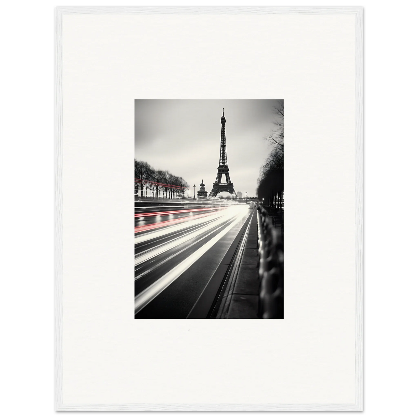 Black and white Eiffel Tower photo with light trails, featuring Eternal Windsweep Halo design