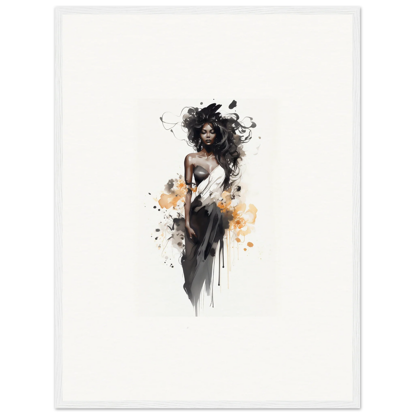 Artistic watercolor and ink illustration of a figure in a dress from Harlequin Suns Wash