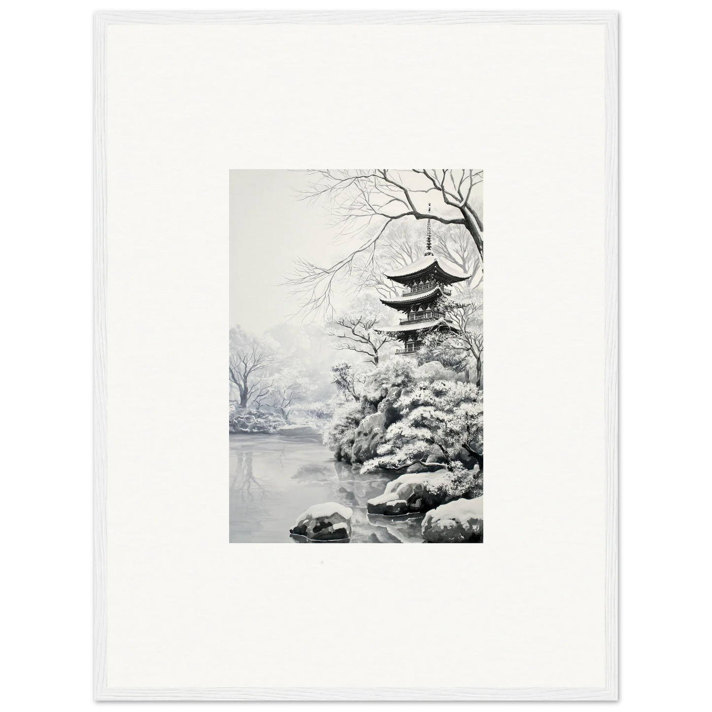 Black and white ink painting of a Japanese pagoda at Crystallized Blossom Oasis