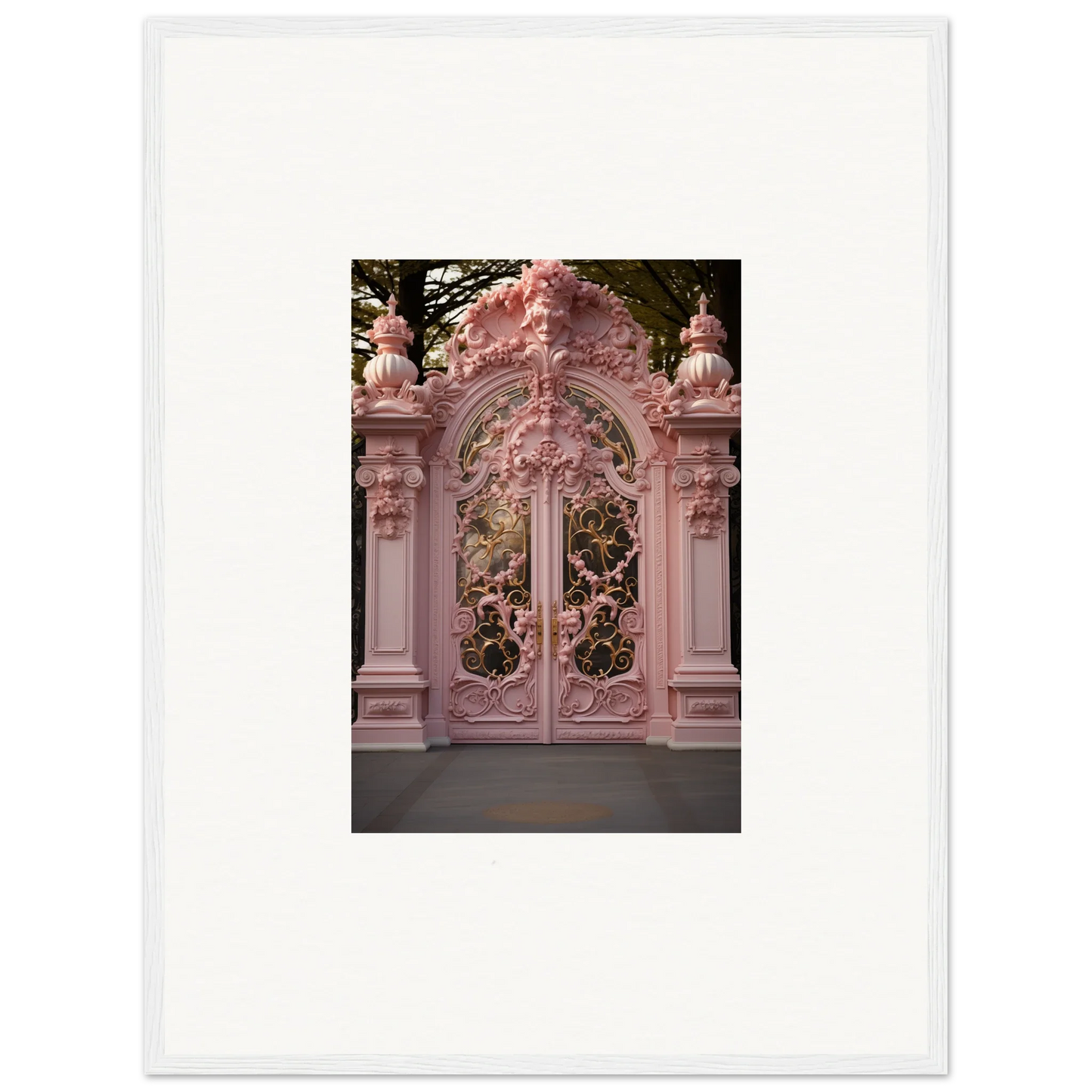 Ornate pink Baroque gate showcasing floral metalwork for Opulent Doorscape Divinity