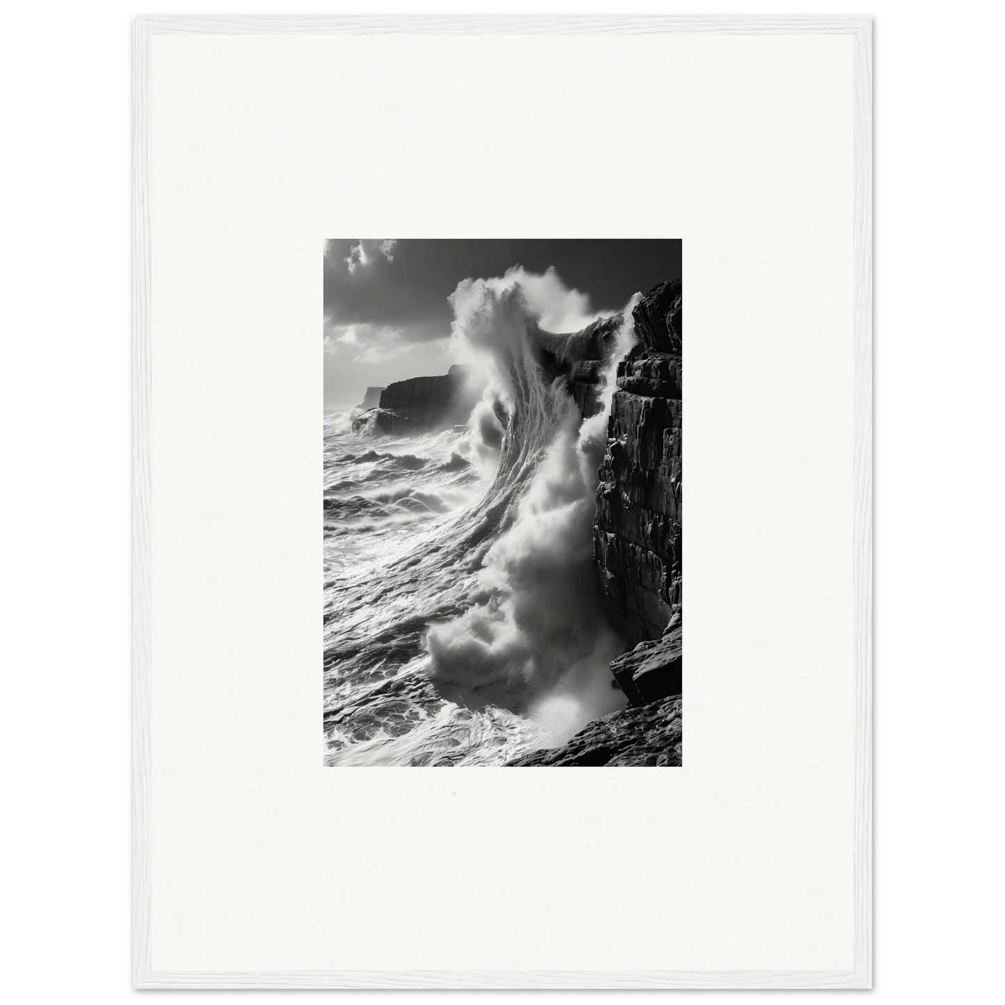 Powerful ocean wave crashing on cliffs in Tidal Curved Reality framed wall art