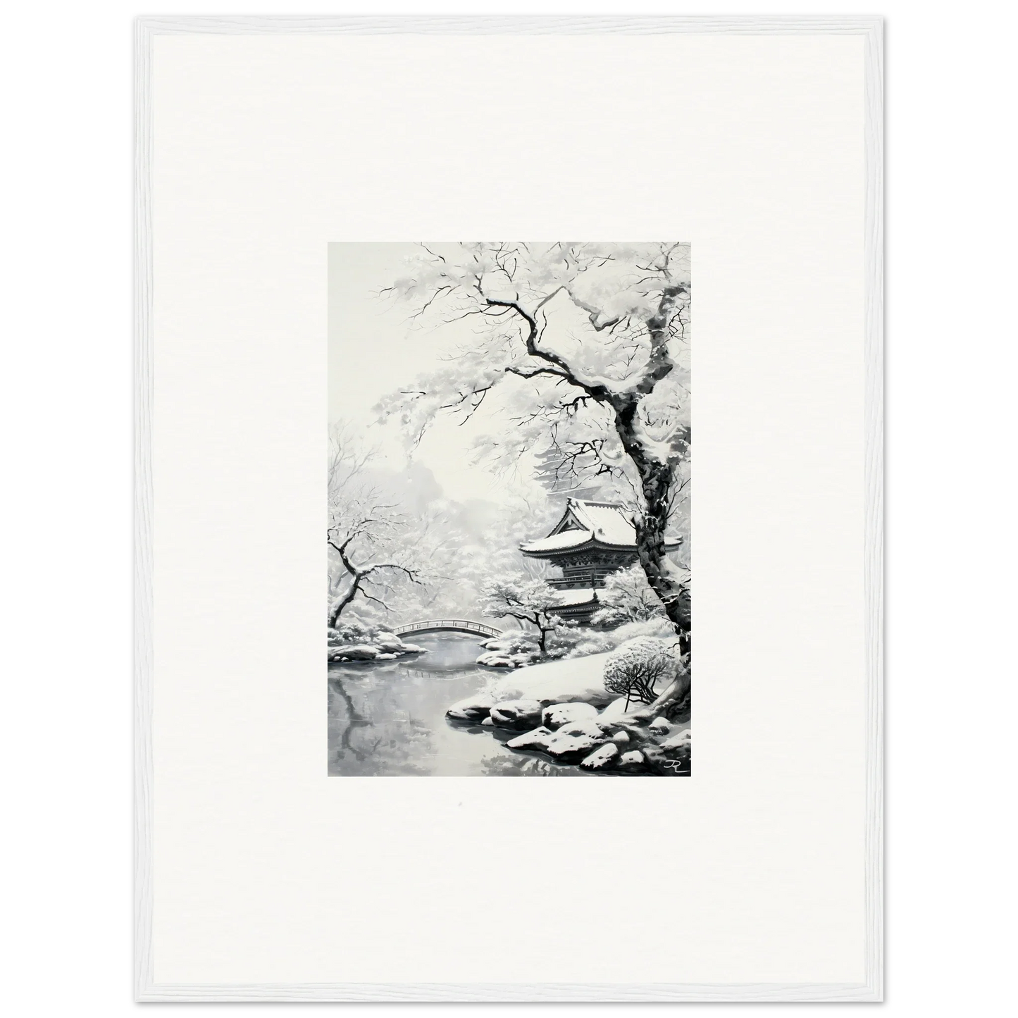 Black and white ink painting of a snowy pagoda and tree, perfect for Winter Embrace Whisper