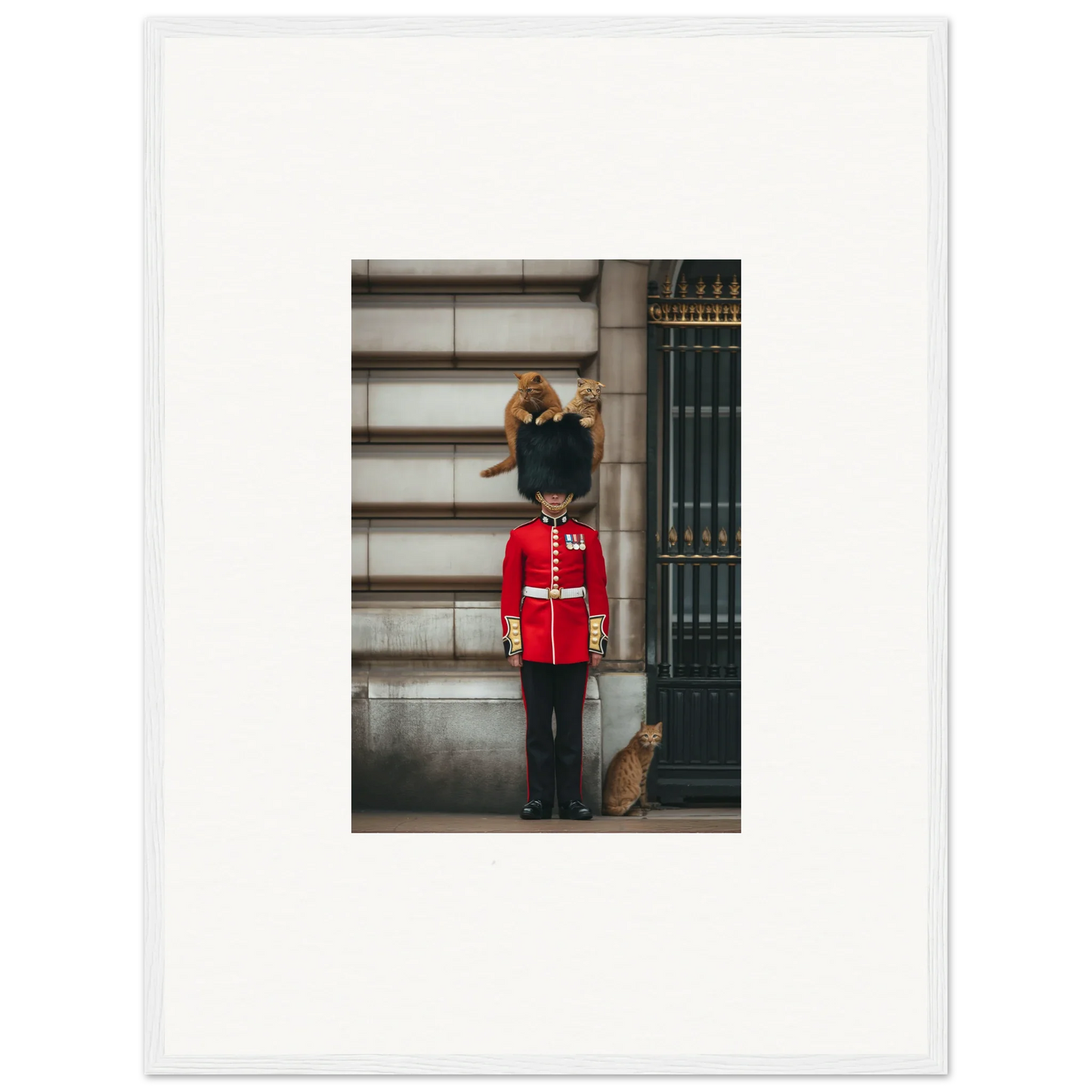 Red-coated British royal guard and ginger cat in Sensational Sentinels’ Playground art