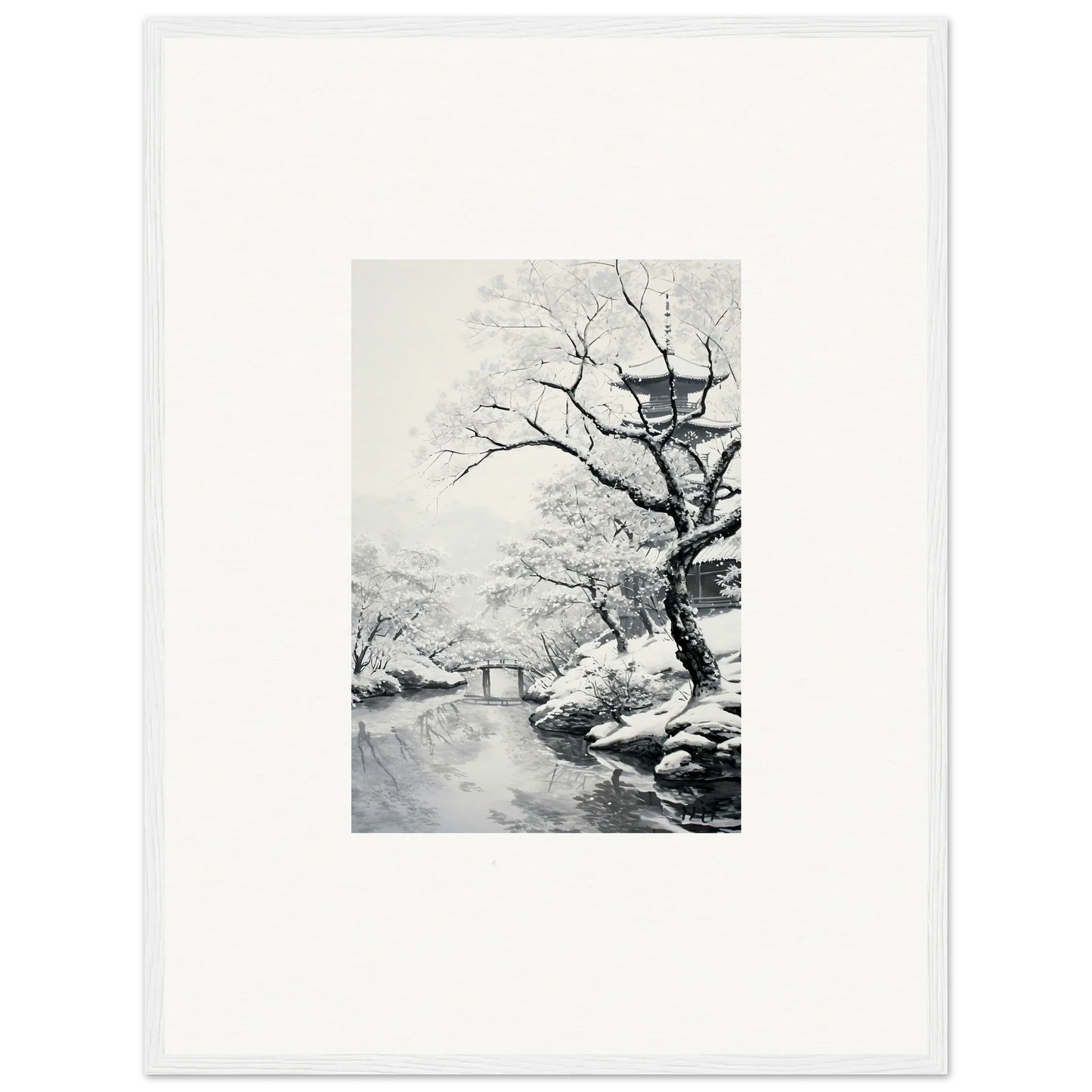Black and white snowy winter landscape with trees by a stream in Chilled Lunar Embrace