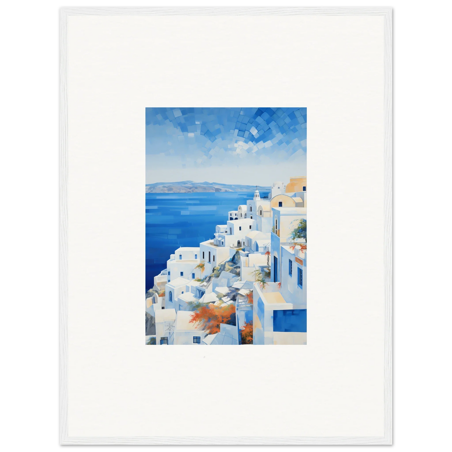 Framed wall art of Santorini’s blue domes and white buildings in Ethereal Azure Echoes