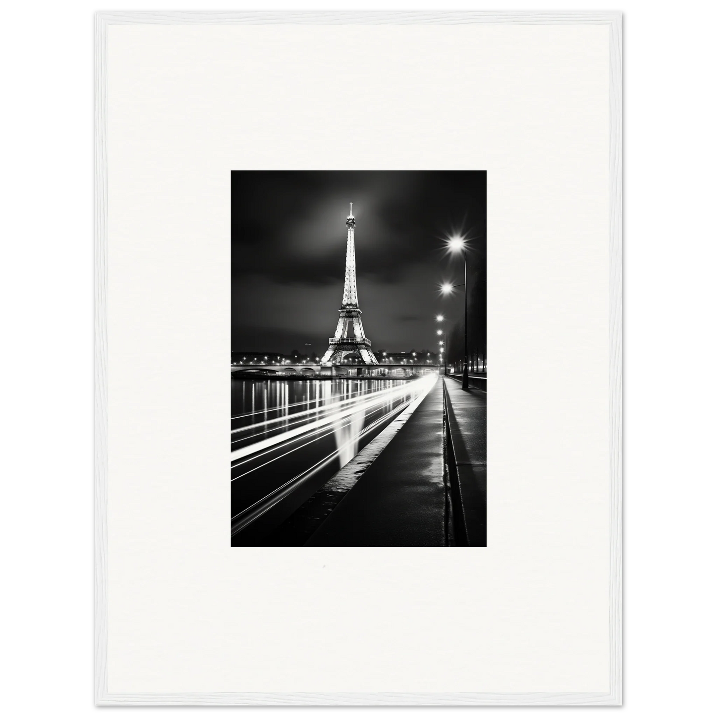Illuminated Eiffel Tower at night in black and white for premium framed wall art