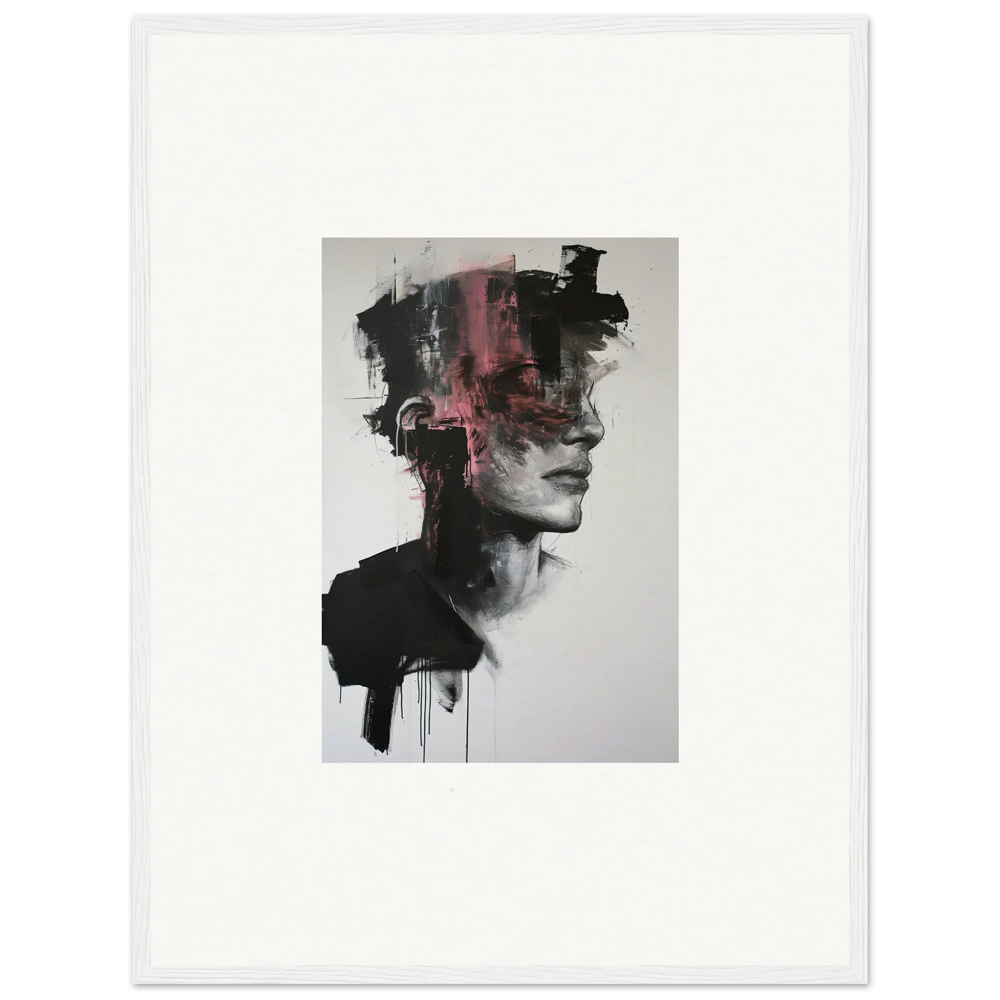 Abstract portrait with black and pink brushstrokes on a Fragmented Psyche Canvas