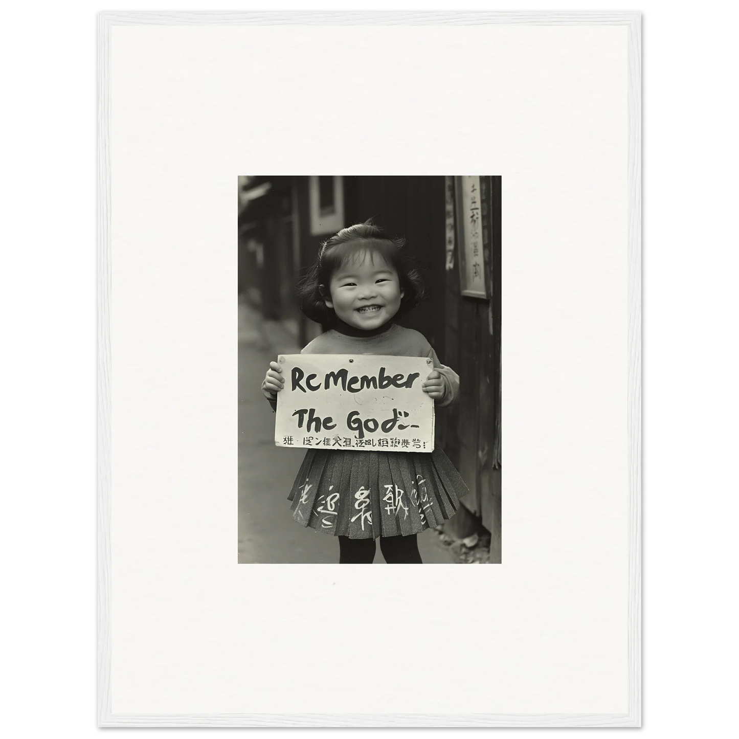 Black and white photo of a child with a Remember The God sign in Sacred Smile Echoes art