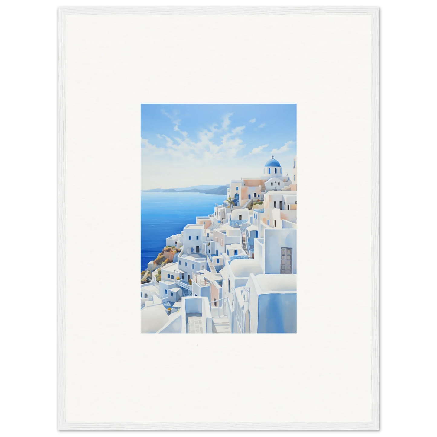 Framed watercolor of Santorini buildings in Dreams Overlapping Reality premium wall art
