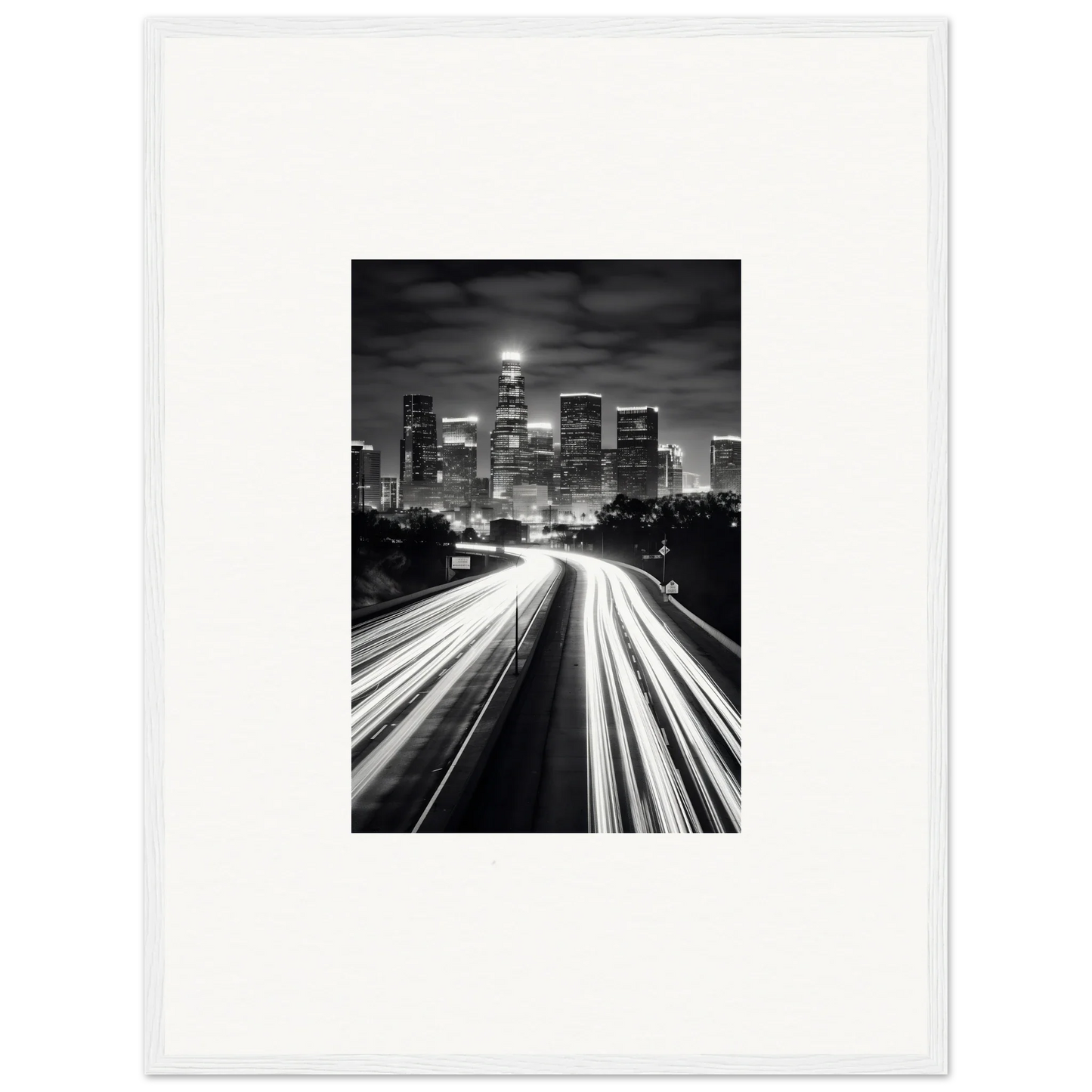 Black and white cityscape with light trails in framed wall art titled Streams through Steel