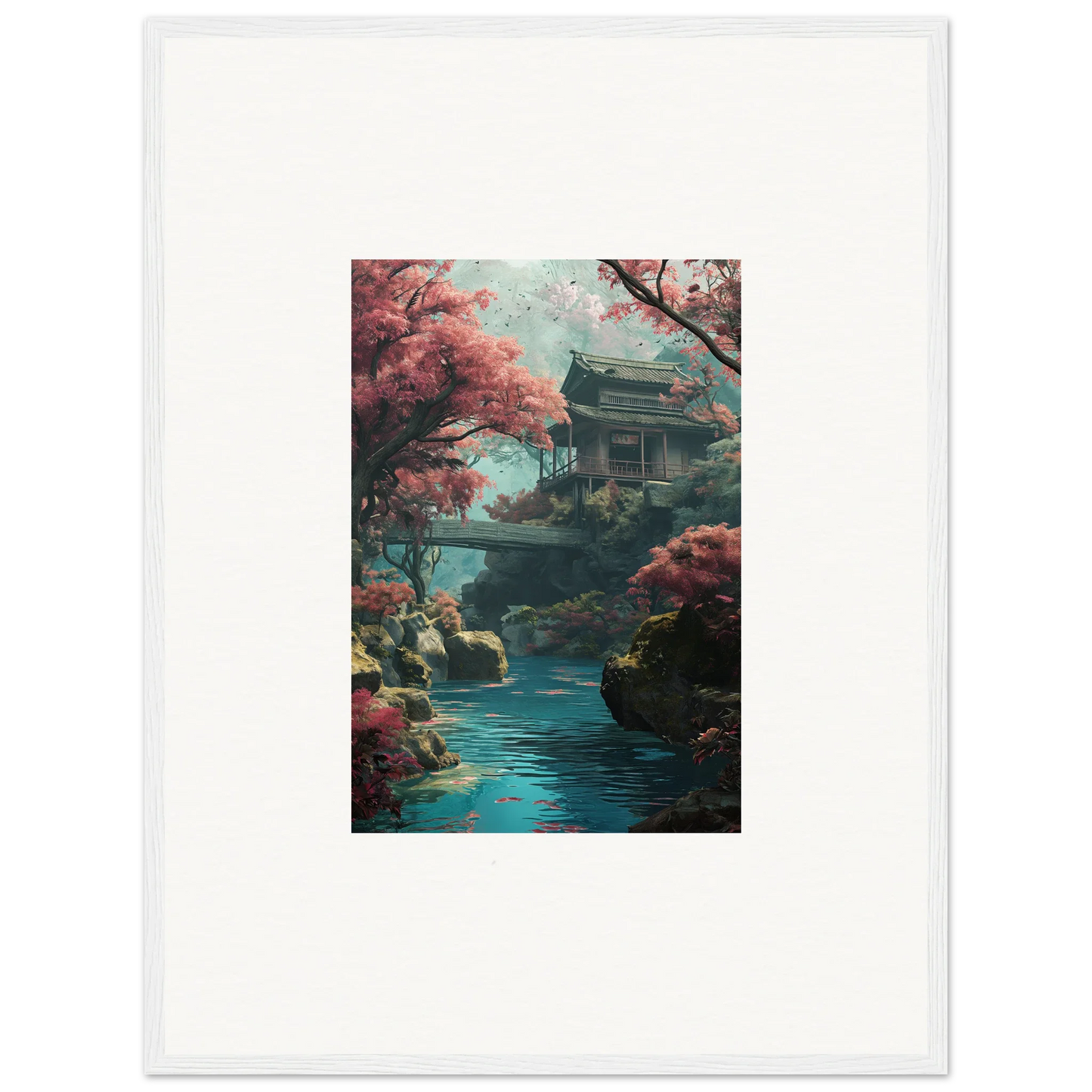 Traditional Japanese pagoda with a bridge over a turquoise river in Serenity’s Dreamscape art