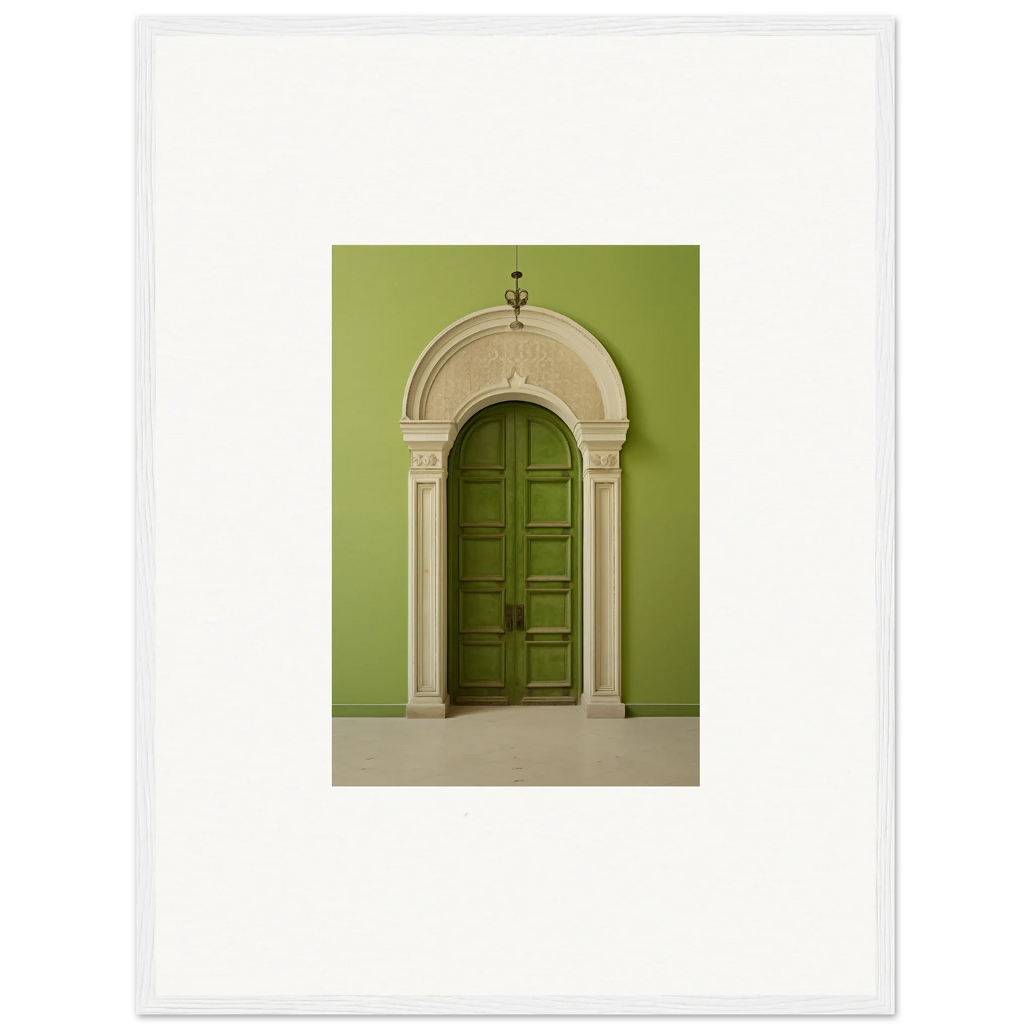 Elegant arched green door with white stone trim from the Verdant Luminary Portal art