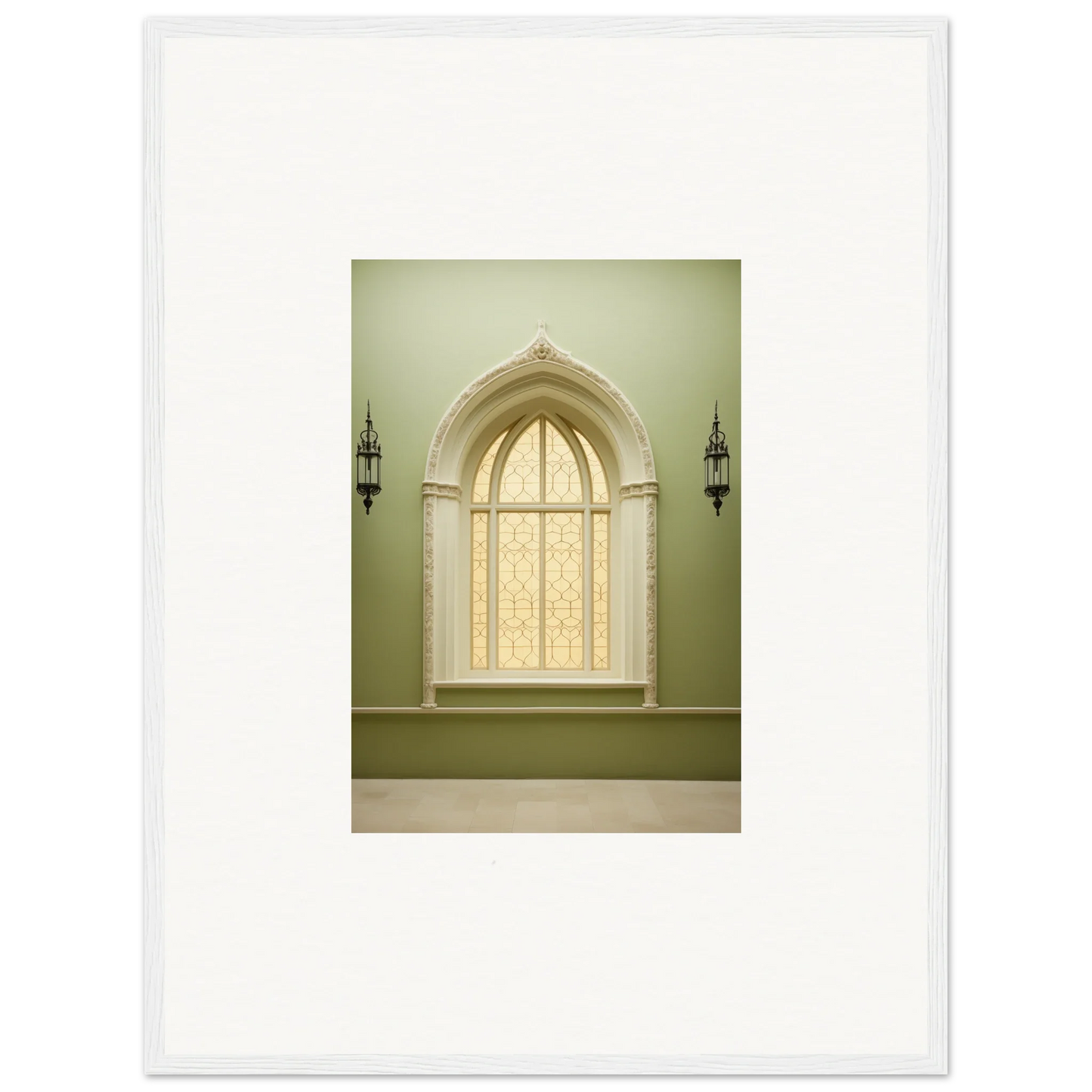 Gothic-arched window with lace curtains in Opalescent Tranquility Dwelling art