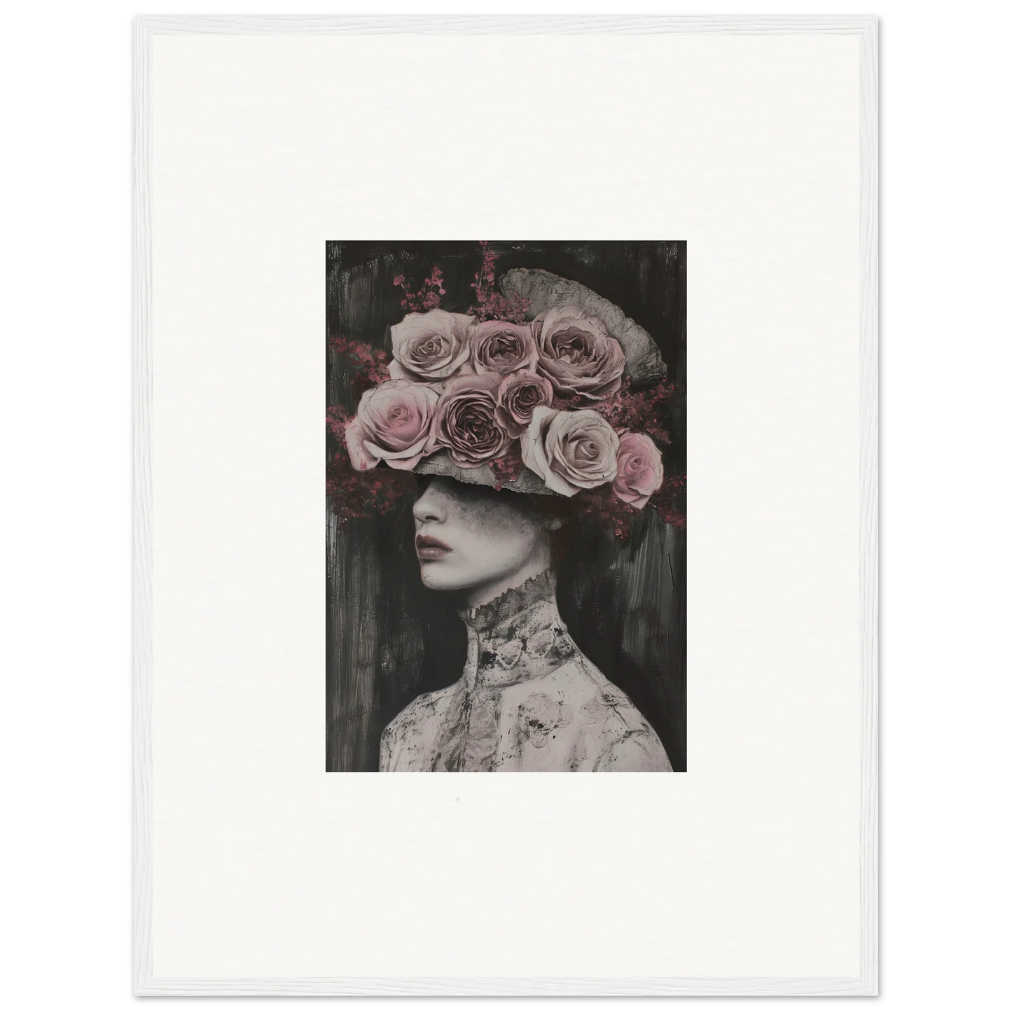Artistic black and white portrait with pink roses crown showcasing Floral Odyssey Veil