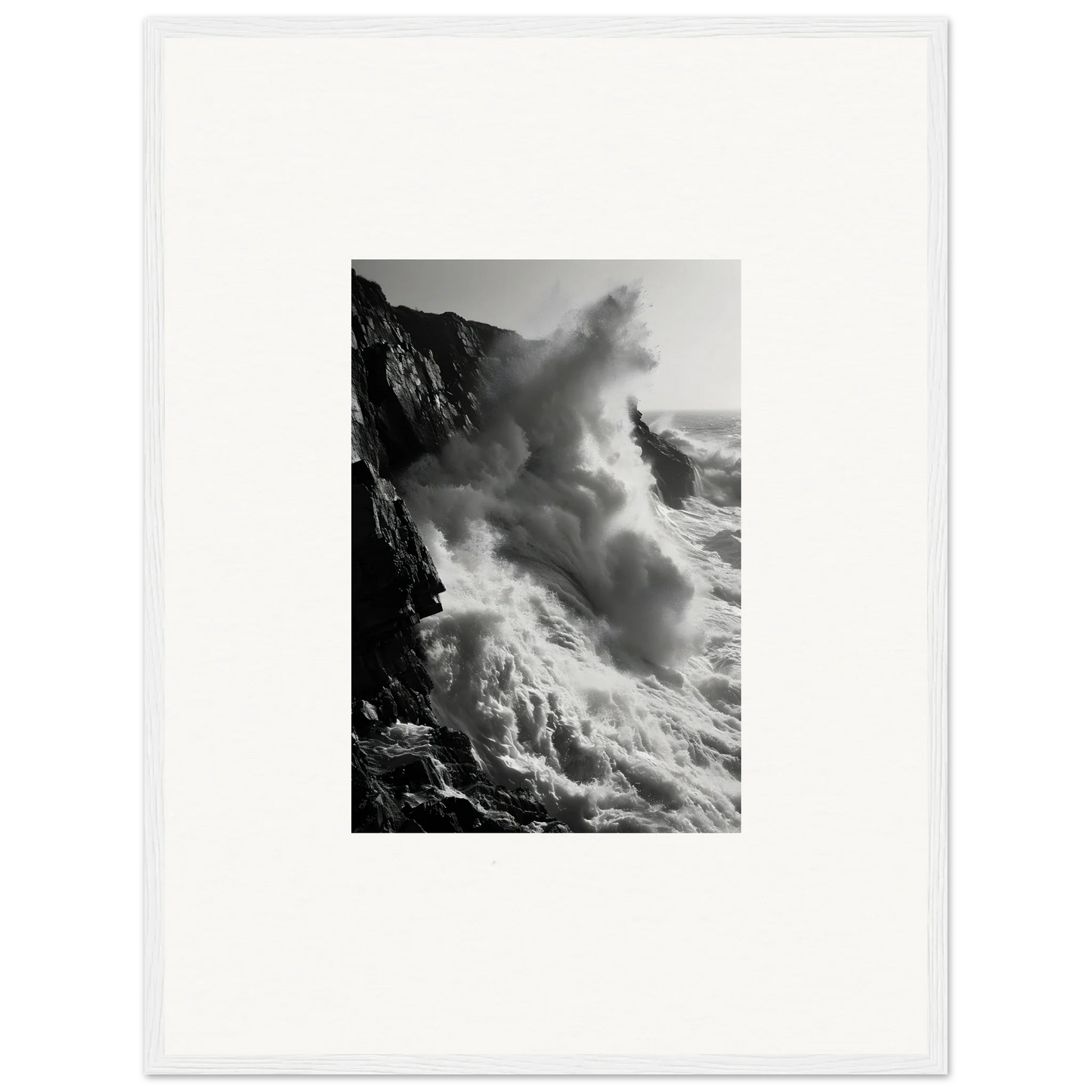 Dramatic ocean waves crash against cliffs in Ephemeral Echoes Surge framed wall art