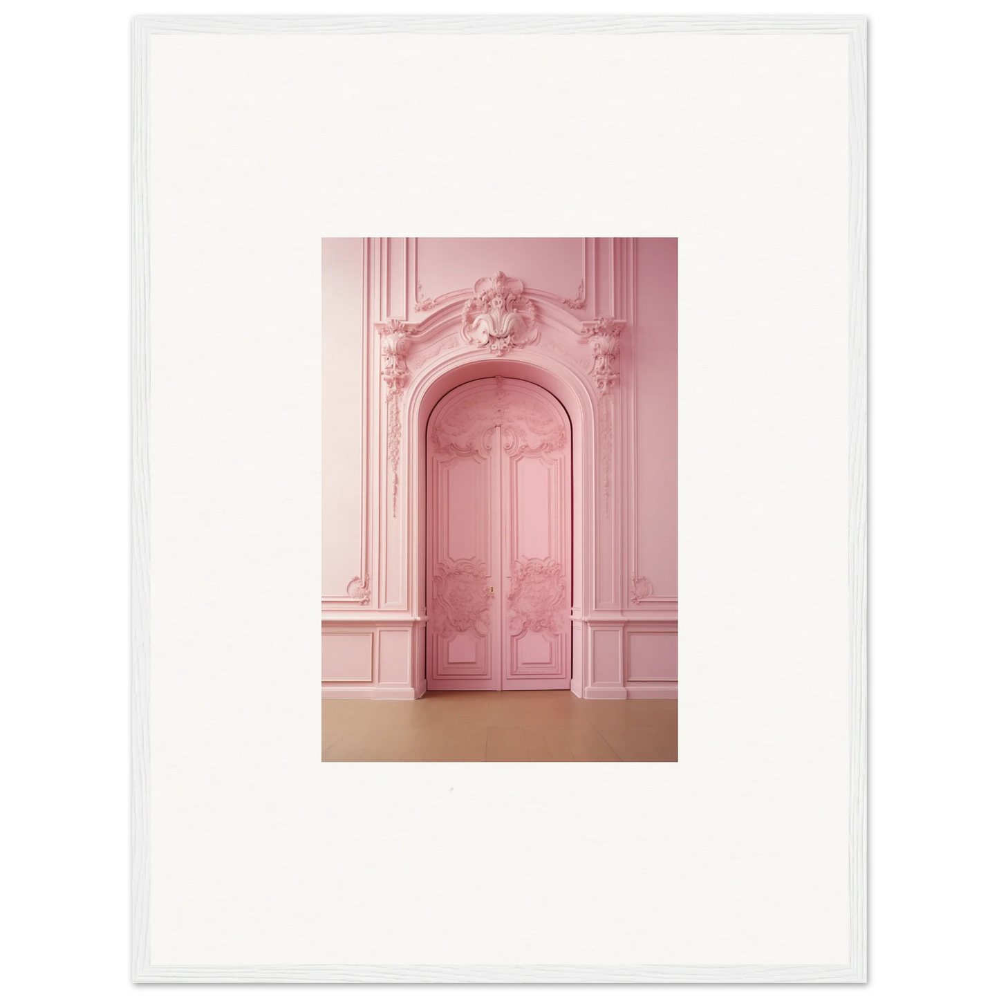 Ornate pink door with baroque details from Gentle Whims Myths premium framed wall art