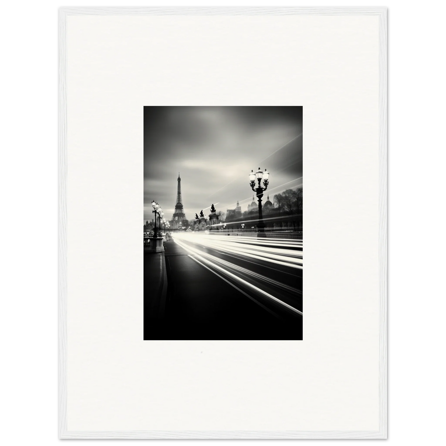 Black and white light trails on a Paris bridge with Eiffel Tower, special edition art™