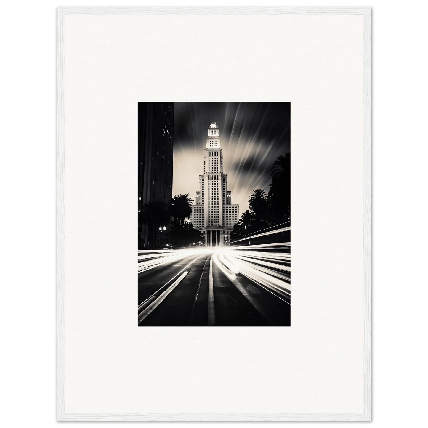 Art Deco skyscraper in black and white with light trails for Luminescent Metropolis Beacon