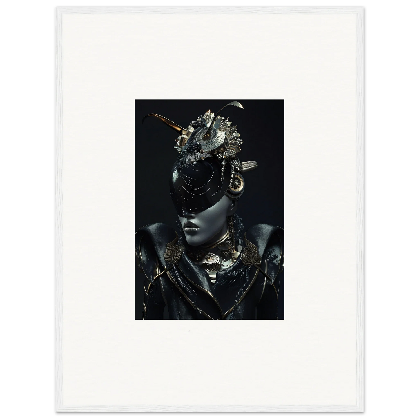 Striking canvas print of a figure in a metallic headdress for cool wall art decor