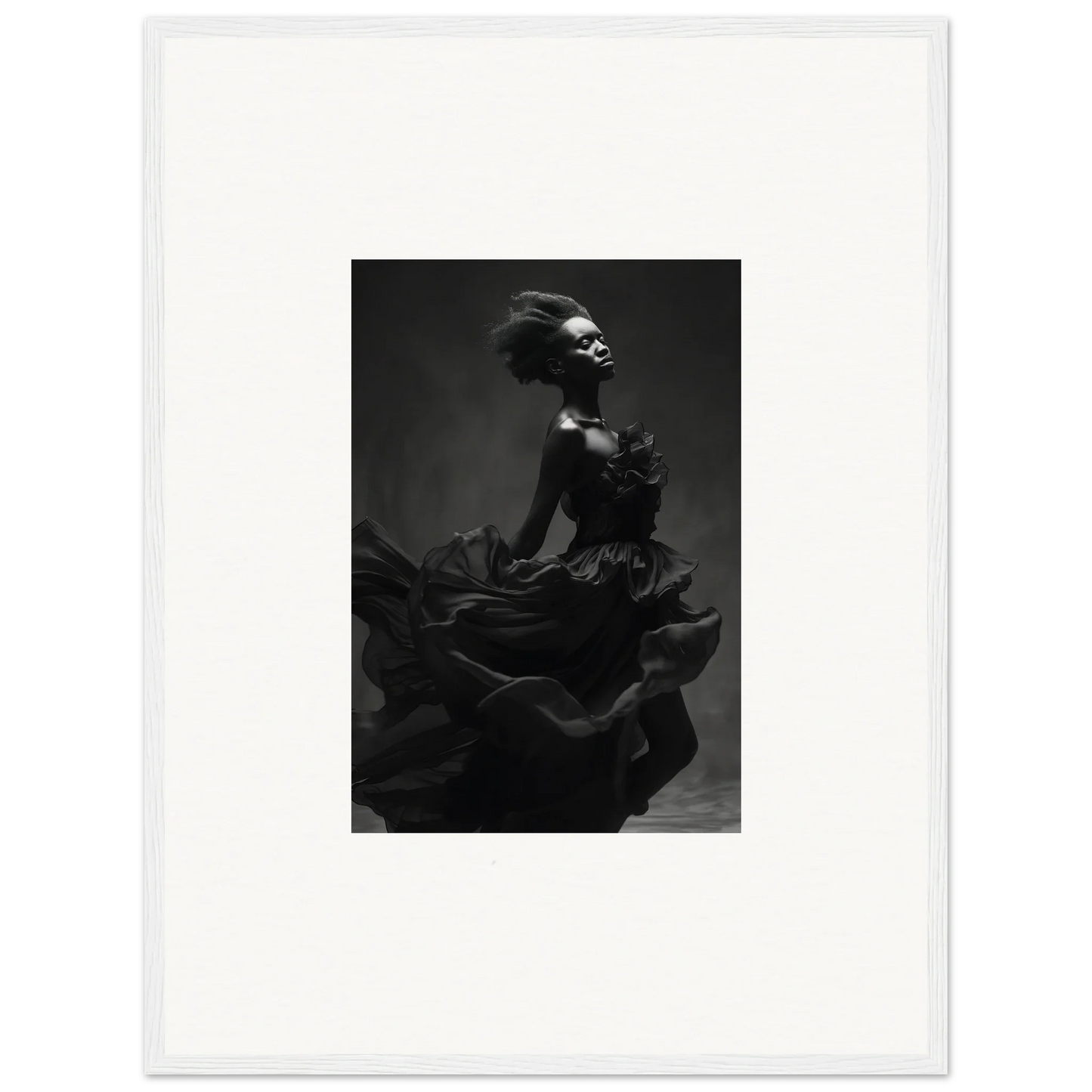 Dramatic black and white shot of a figure in a ruffled dress for Veiled Nigretto Whispers
