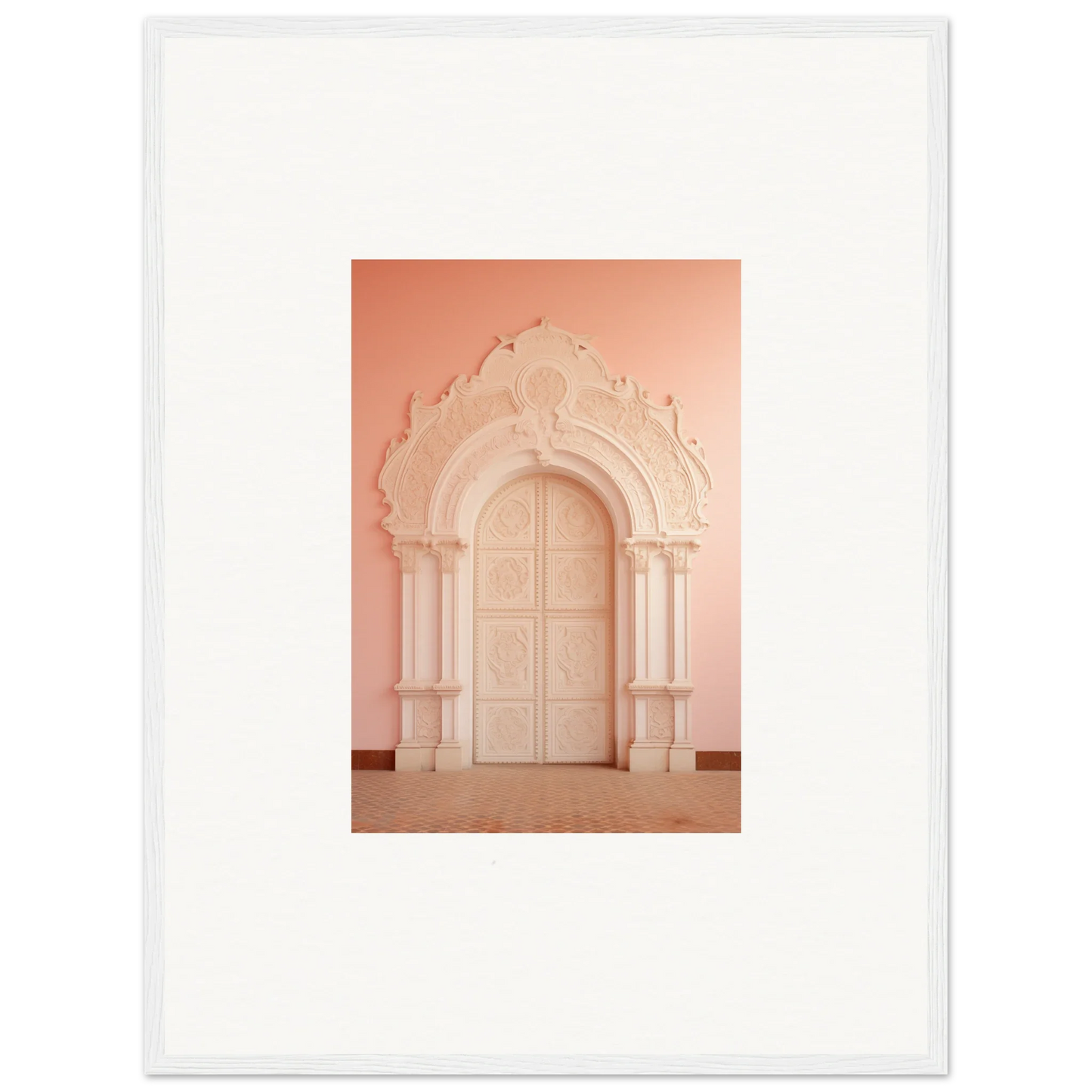 Ornate arched doorway in soft pink tones from Patio Reverie Sleutelenv framed wall art