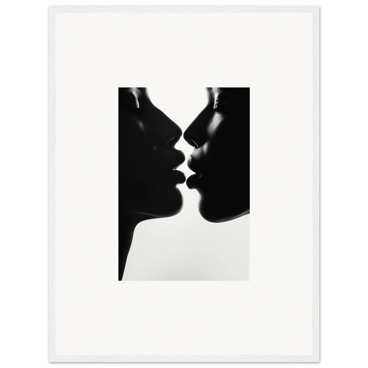 Two silhouetted profiles about to kiss in Luminous Midnight Kiss framed wall art