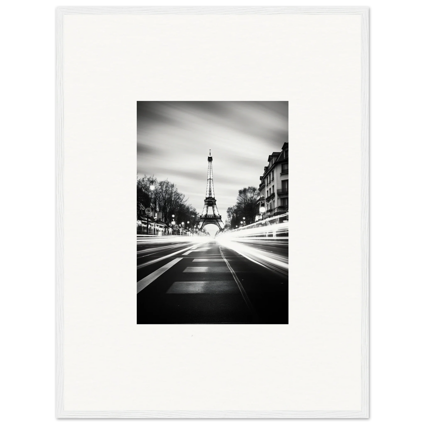 Black and white Eiffel Tower street view in Synth Wave Elysium framed wall art