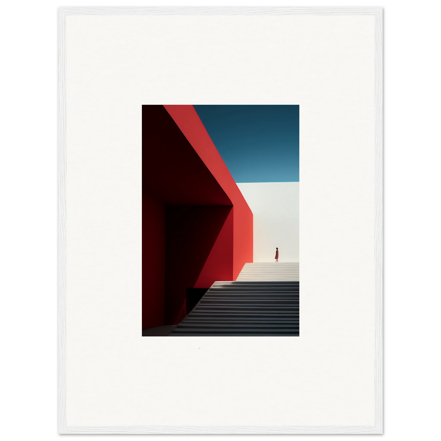Minimalist architectural photo with red walls, steps, and figure for Mesa Quizzes Cascades
