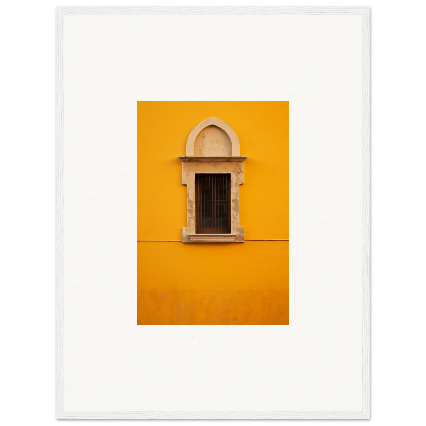 Ornate window with stone trim on bright yellow wall in Golden Correspondence Portal art