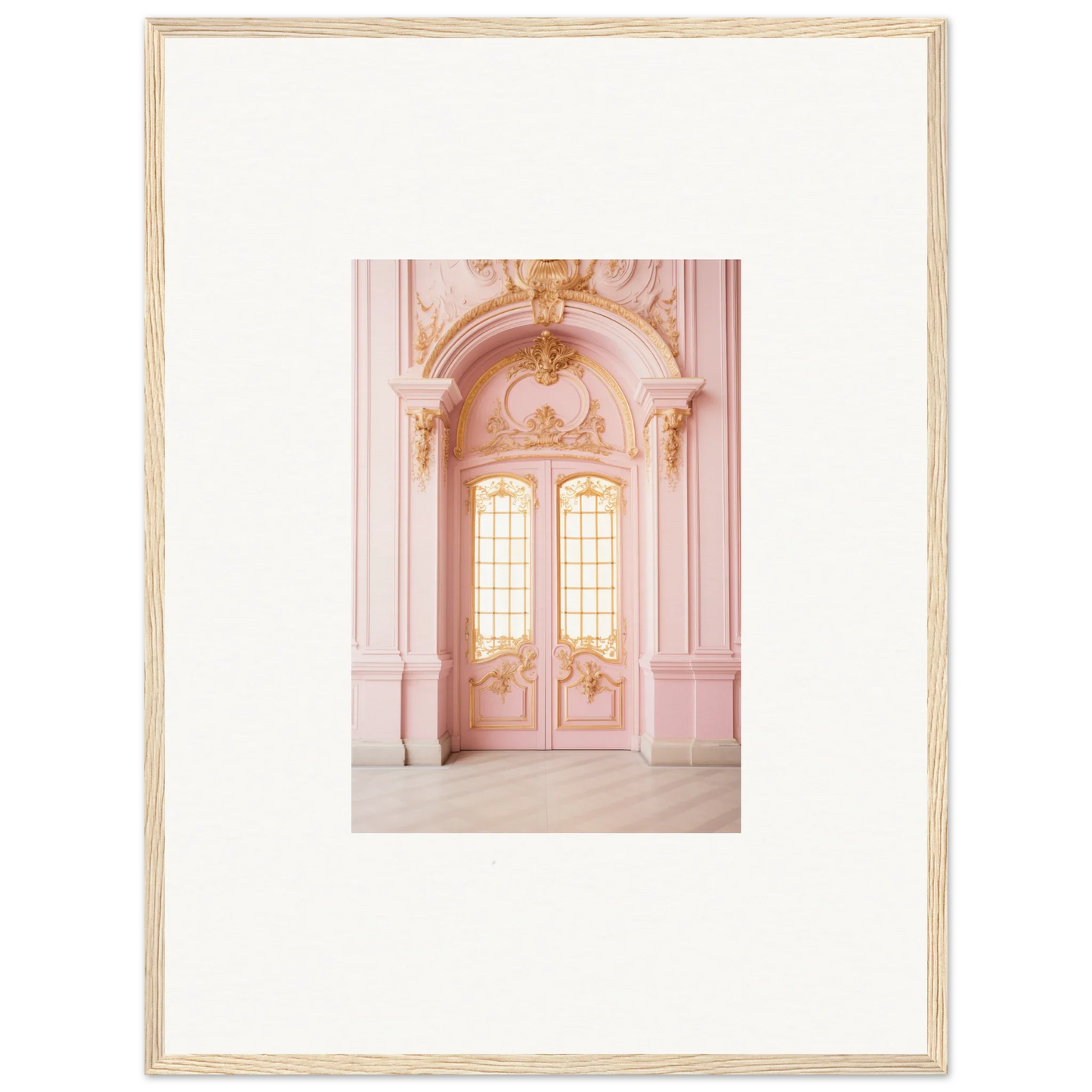 Ornate pink double doors with windows in Ethereal Rose Haven framed wall art