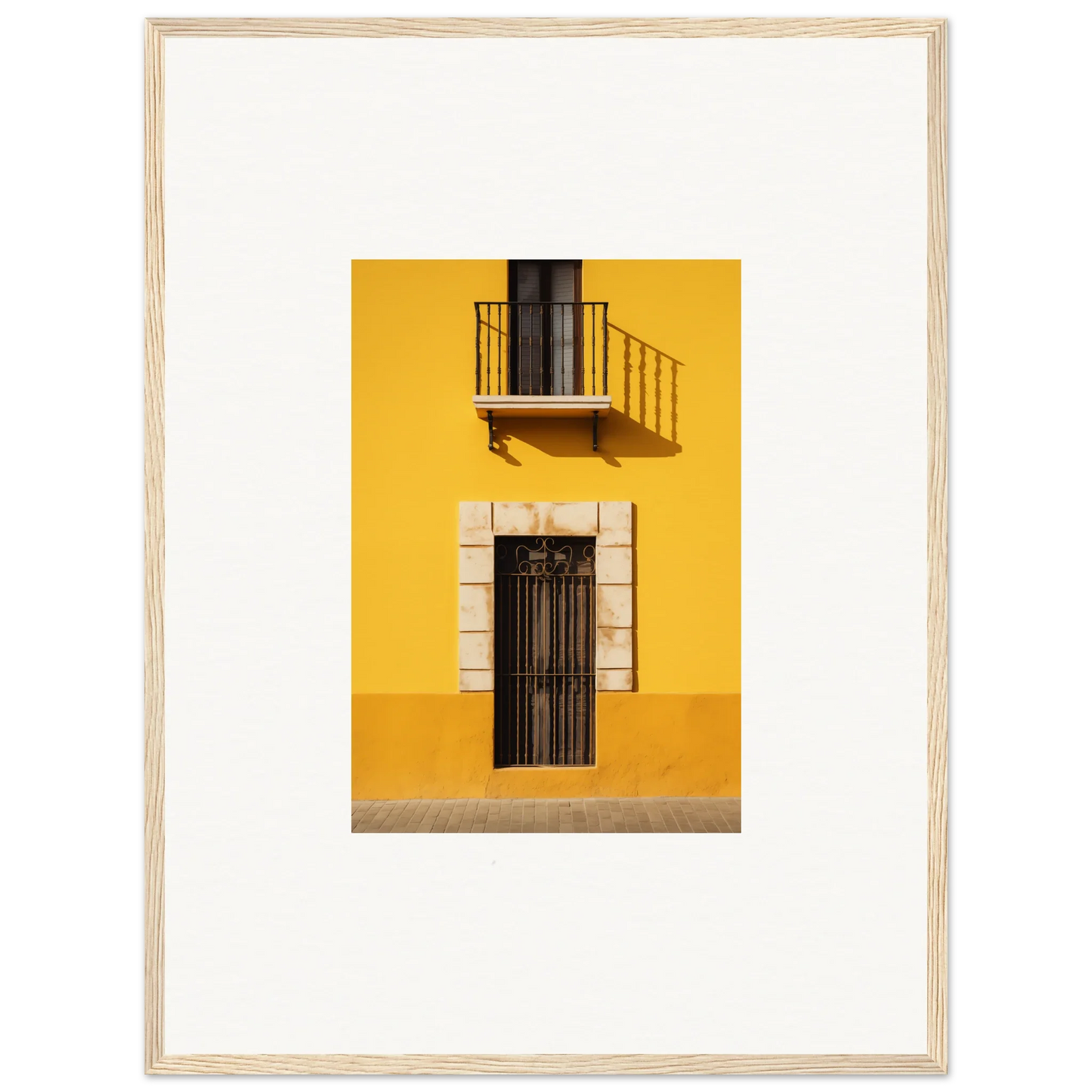 Yellow building with a black door and balcony for Sun Custard Symphonies art™