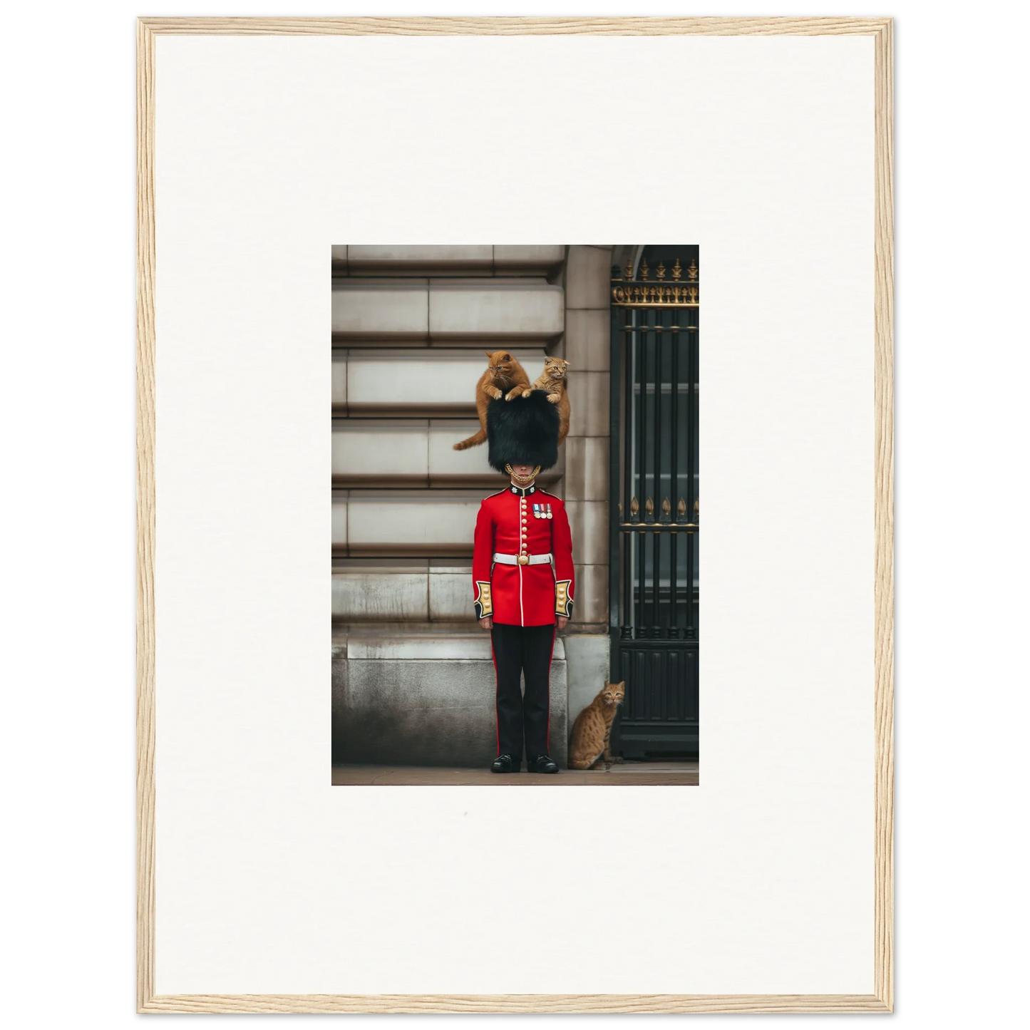 Cat napping on a Queen’s Guard in Sensational Sentinels’ Playground framed poster