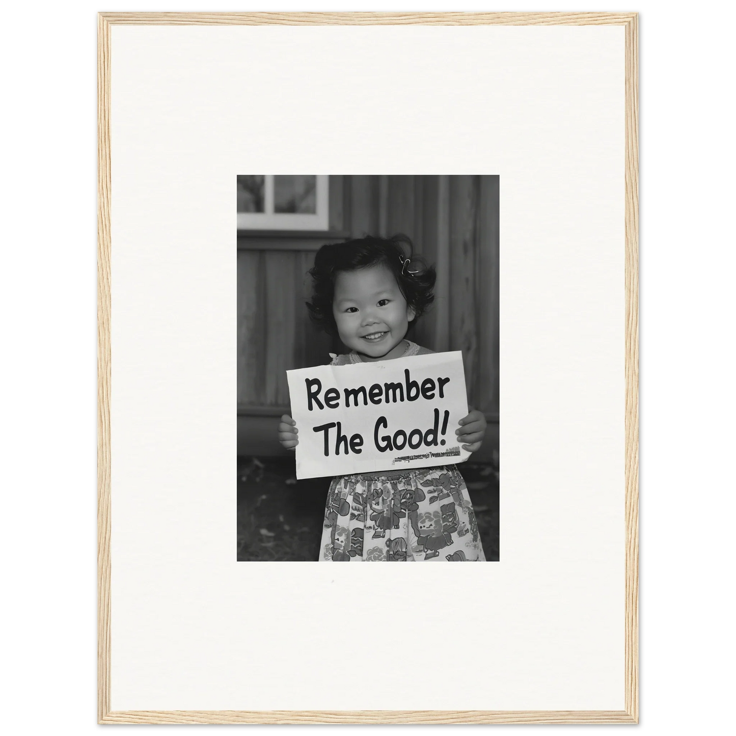 Smiling child with sign Remember The Good in framed wall art for Essence Savor Whispers