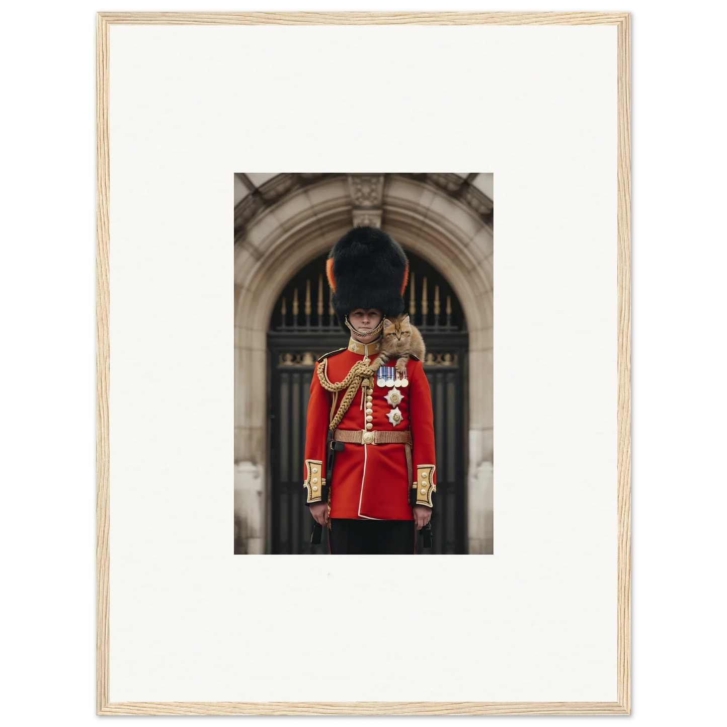 Royal Red Reverie features a British Royal Guard in red uniform and bearskin hat
