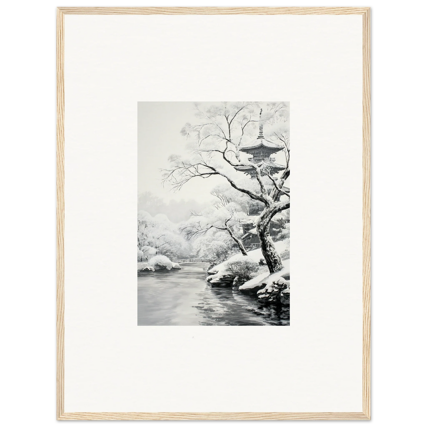 Black and white winter landscape artwork of a snow-covered branch over a river in Metaphysical Winter Reverie
