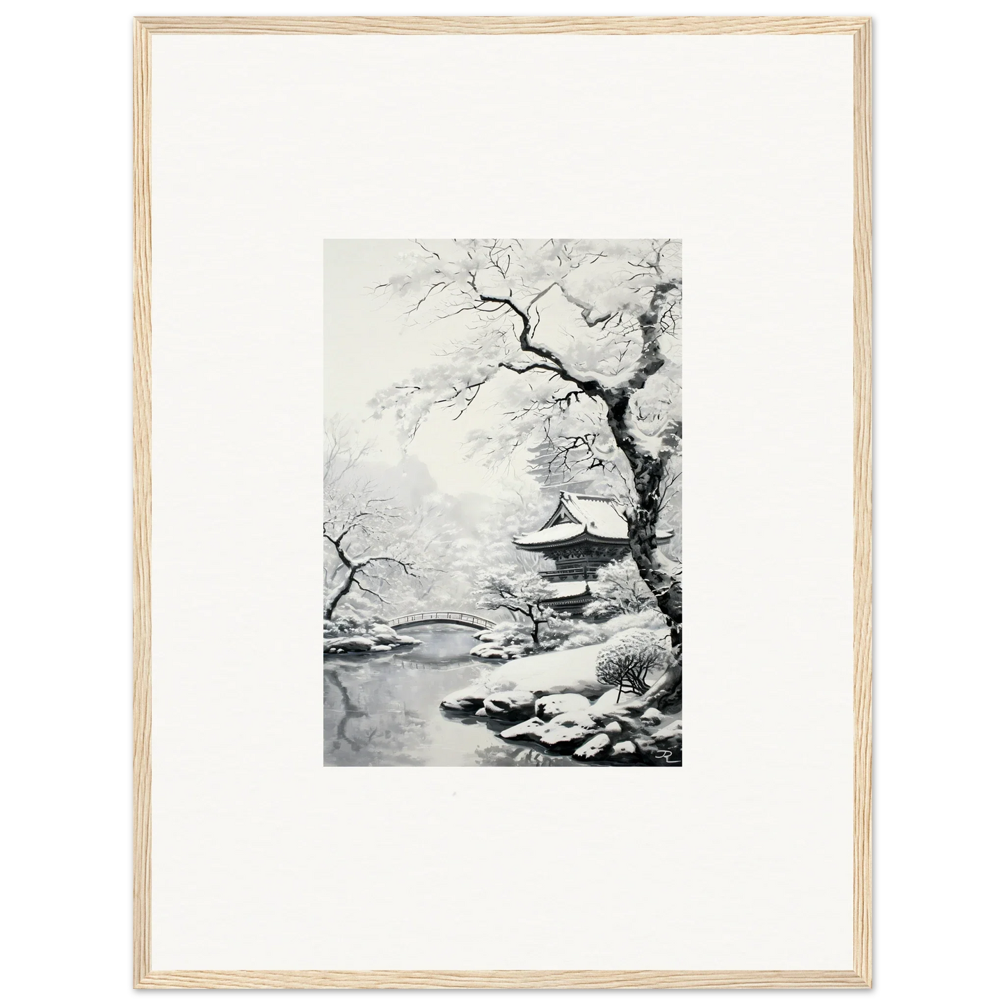 Black and white Japanese ink painting of a snow-covered pagoda for Winter Embrace Whisper