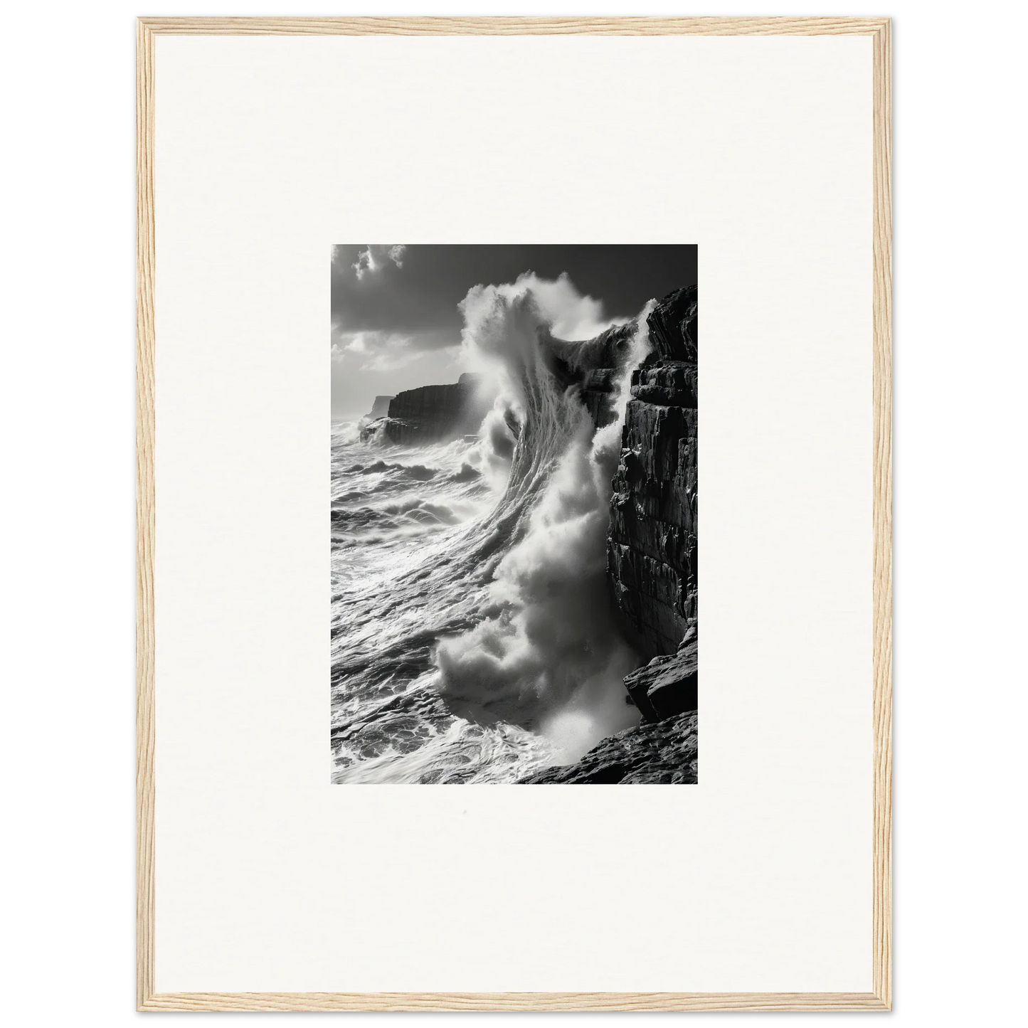Powerful ocean wave crashing on a cliff in Tidal Curved Reality framed wall art