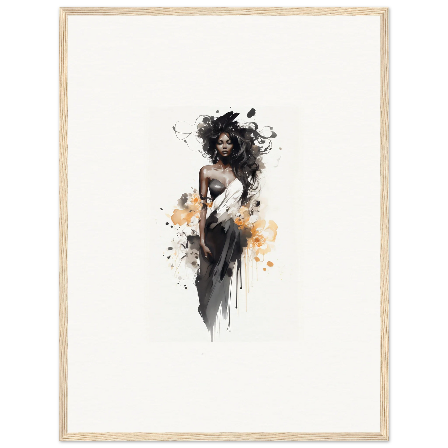 Artistic watercolor of a figure in black dress with orange splashes in Harlequin Suns Wash