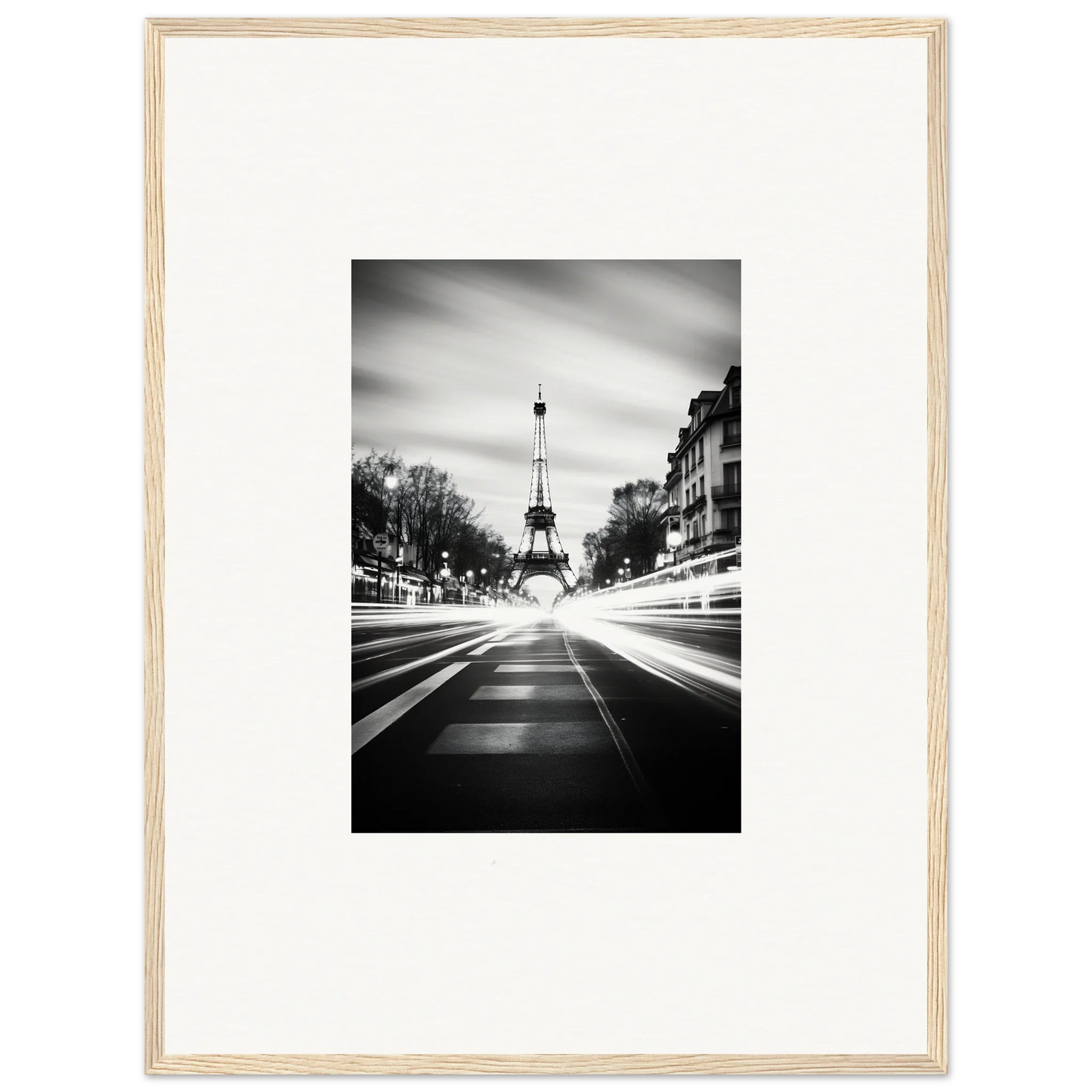 Black and white Eiffel Tower photo with light trails for Synth Wave Elysium framed wall art