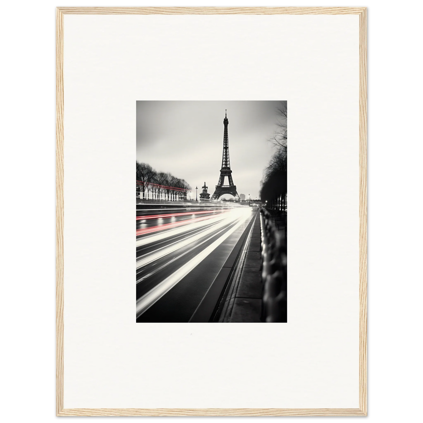 Framed black and white Eiffel Tower pic with light trails in Eternal Windsweep Halo