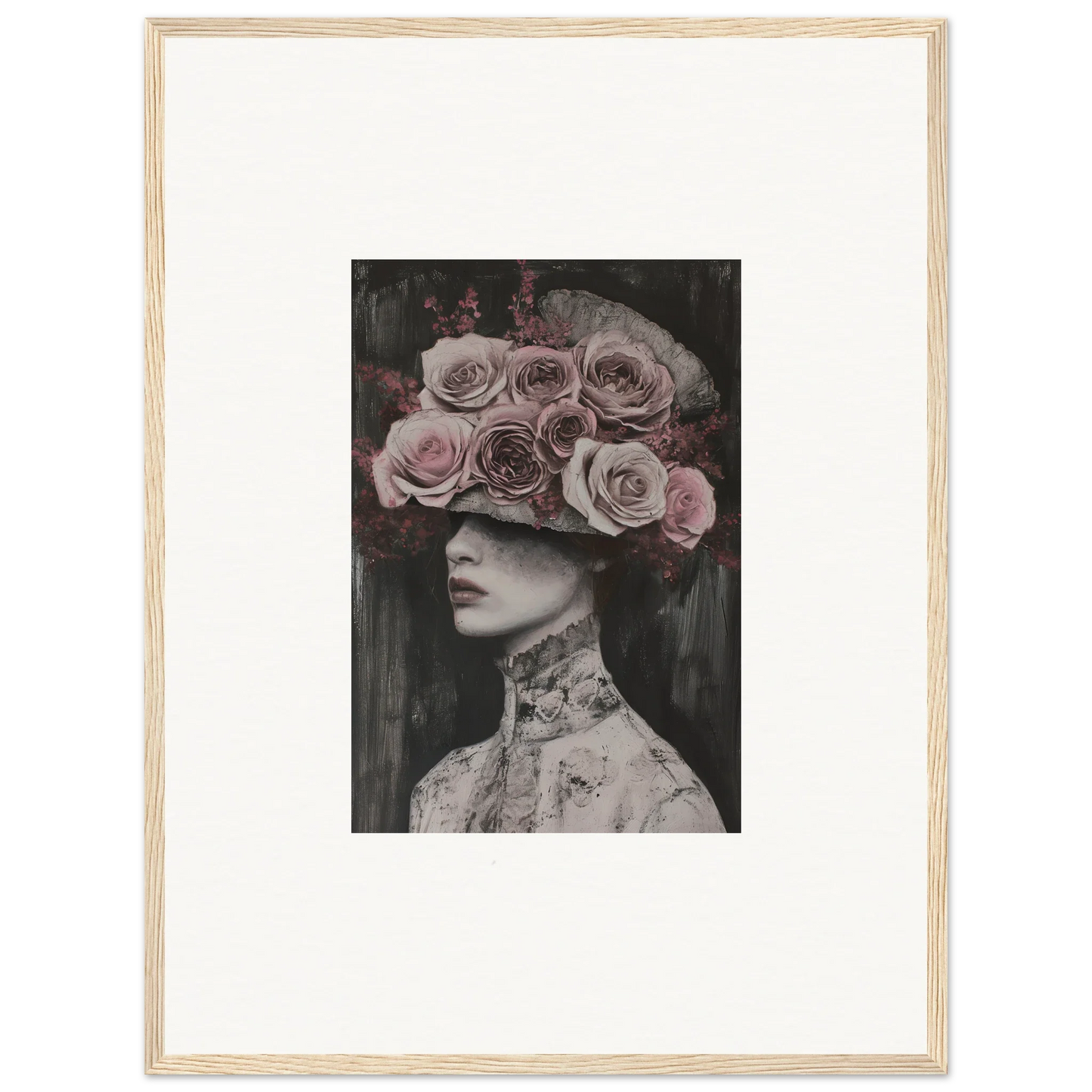 Surreal portrait of a figure in Victorian dress with pink rose crown, Floral Odyssey Veil