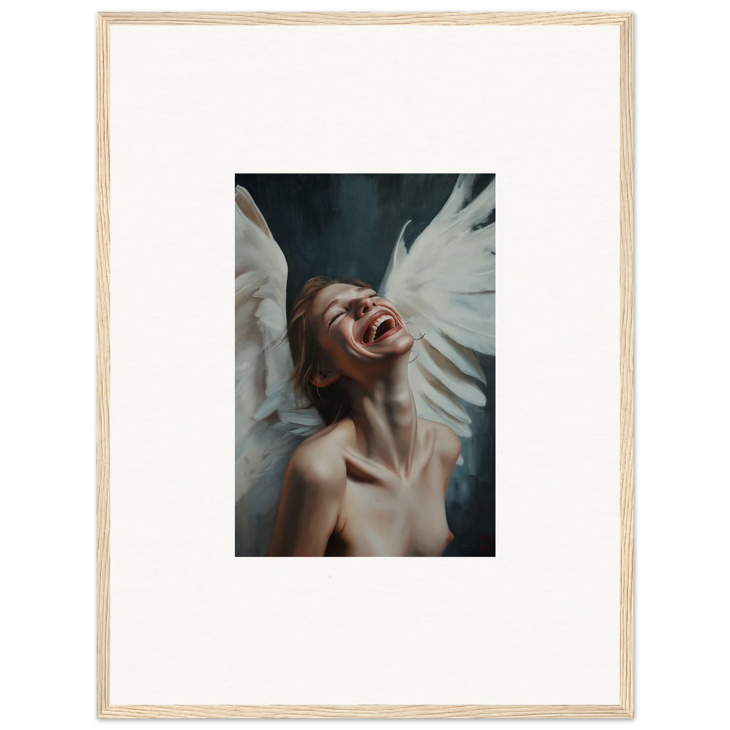 Framed wall art of a person with white wings capturing pure joy, perfect for room decoration