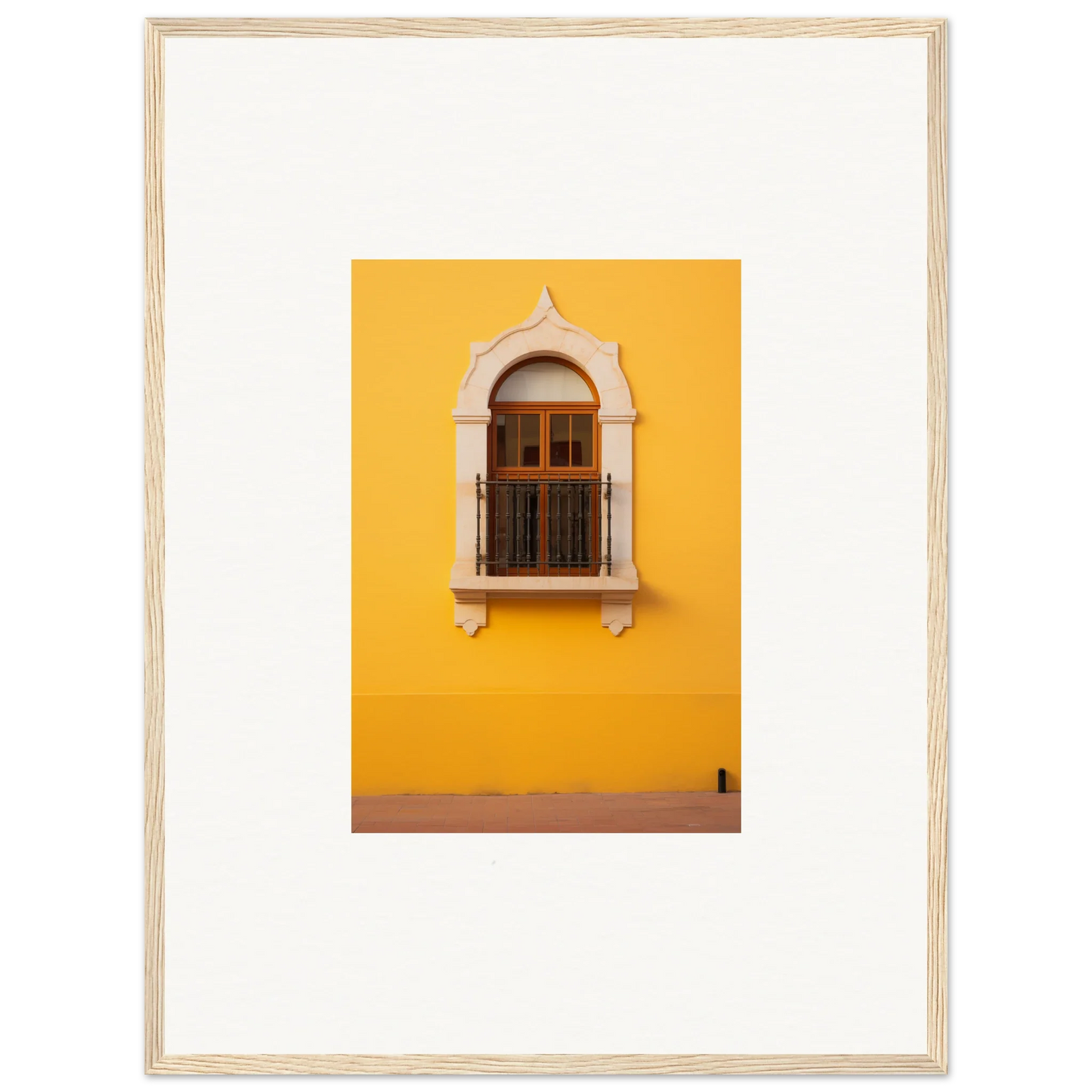 Ornate arched window with wooden shutters on a yellow wall from Golden Portal Reverie