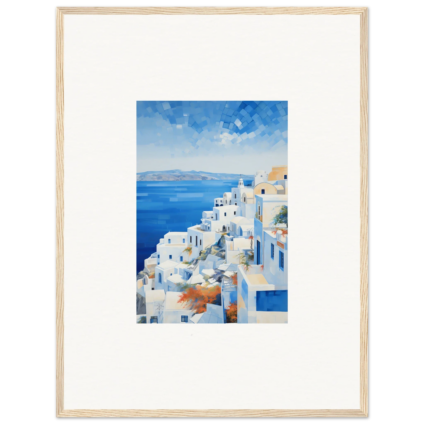 Framed wall art of white buildings in Santorini for Ethereal Azure Echoes collection