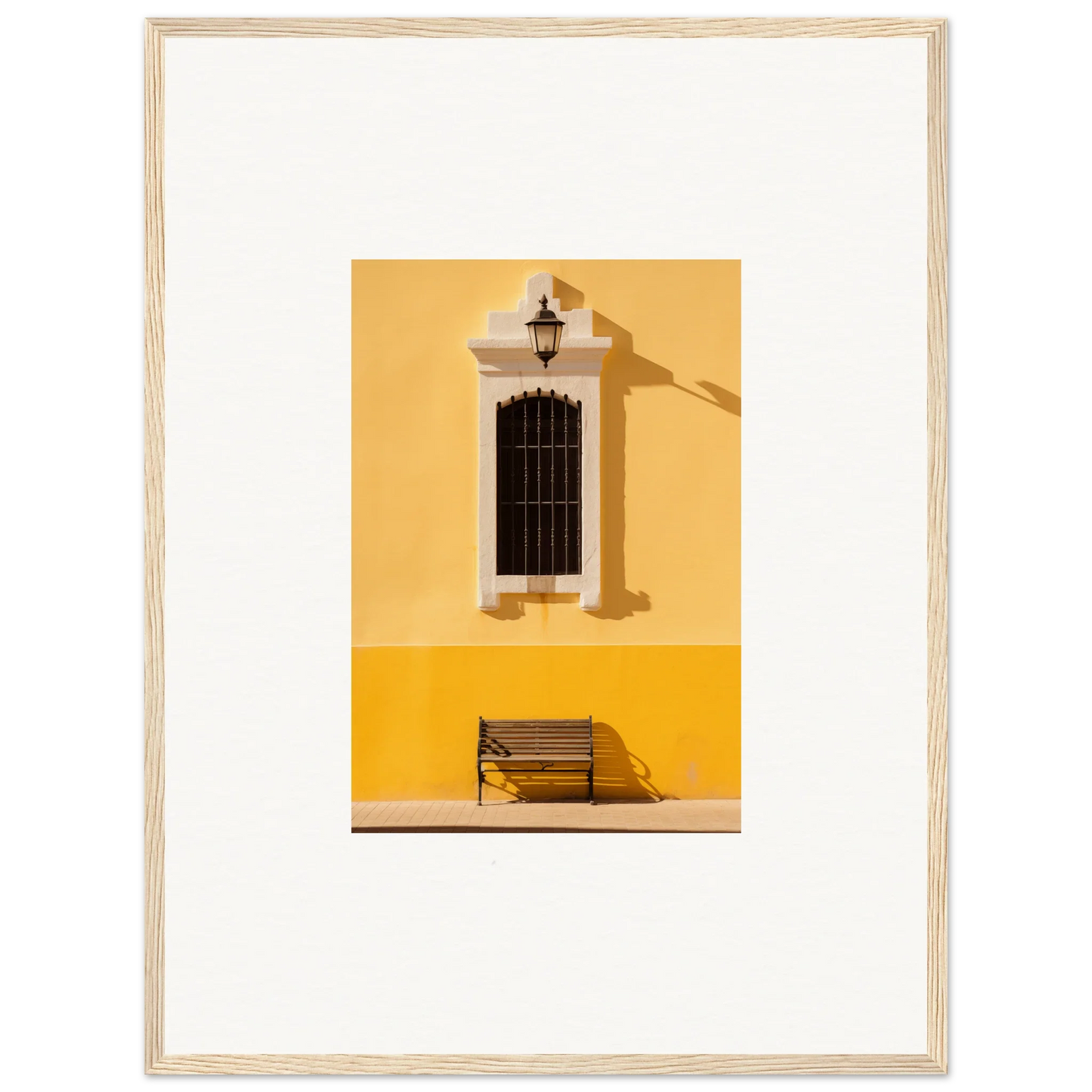 Wooden bench under a barred window on a yellow wall with Six-light Cult Optionsky art