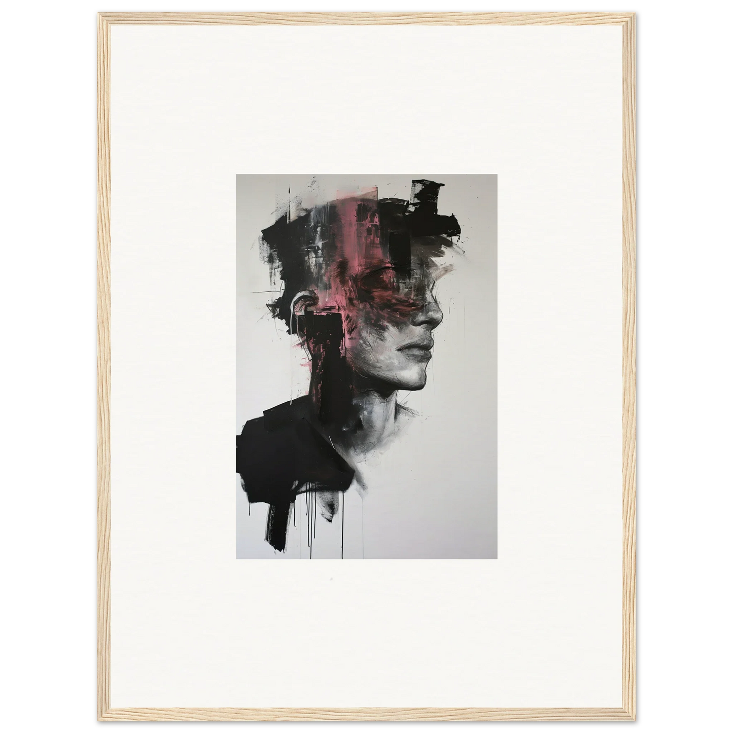 Abstract portrait in black and pink brushstrokes on Fragmented Psyche Canvas