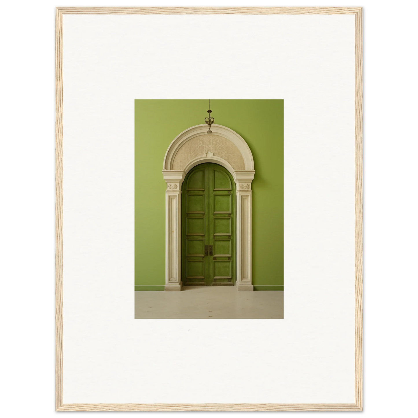 Arched green door with white trim in Verdant Luminary Portal framed wall art